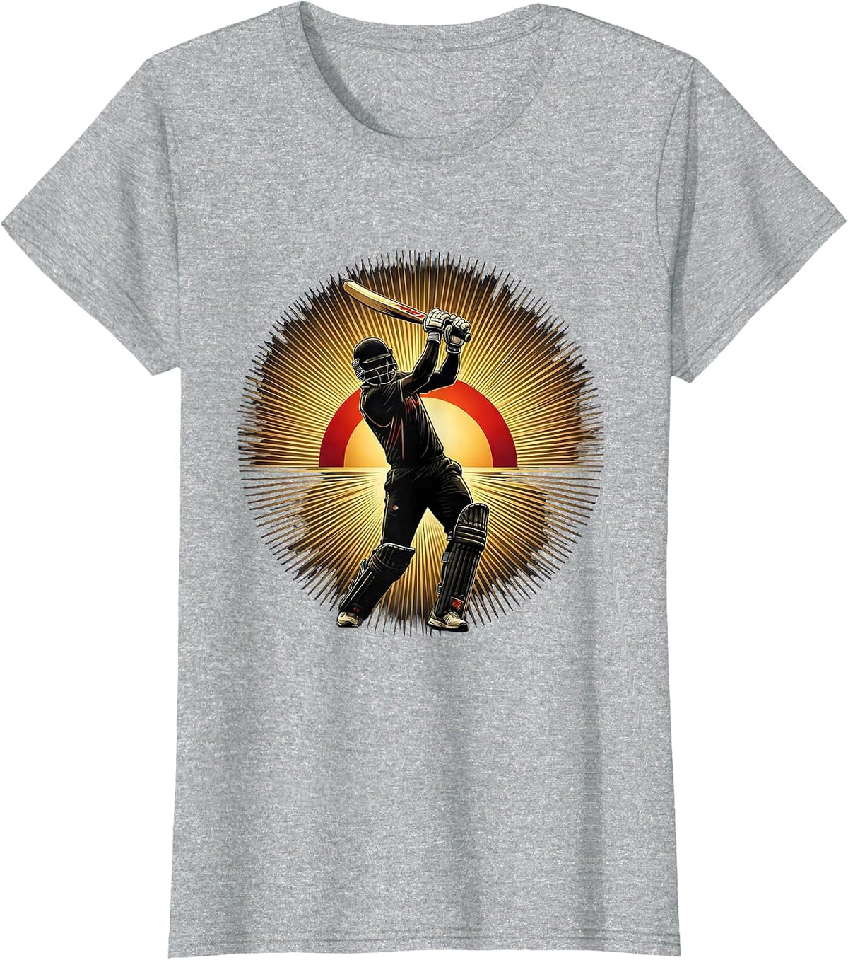 Women's Cricket Batsman Silhouette Blazing Sunrise Design T-Shirt - Heather Grey