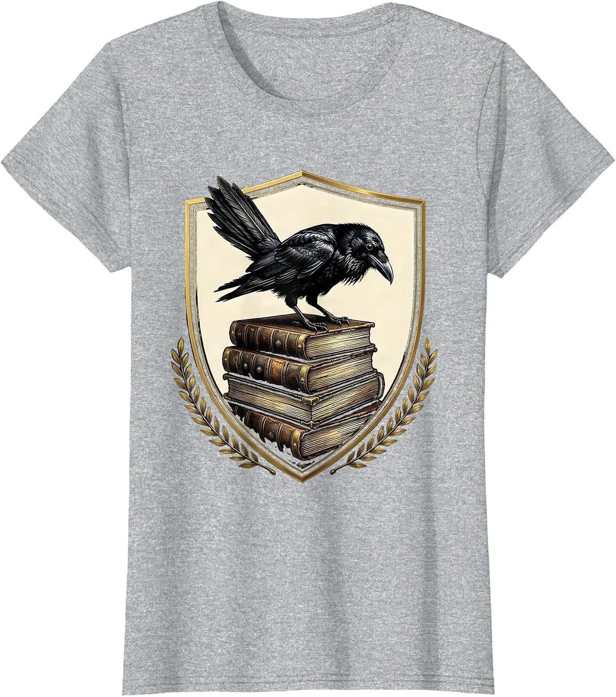 Women's Crow on Stacked Old Leather Books Illustration T-Shirt - Heather Grey