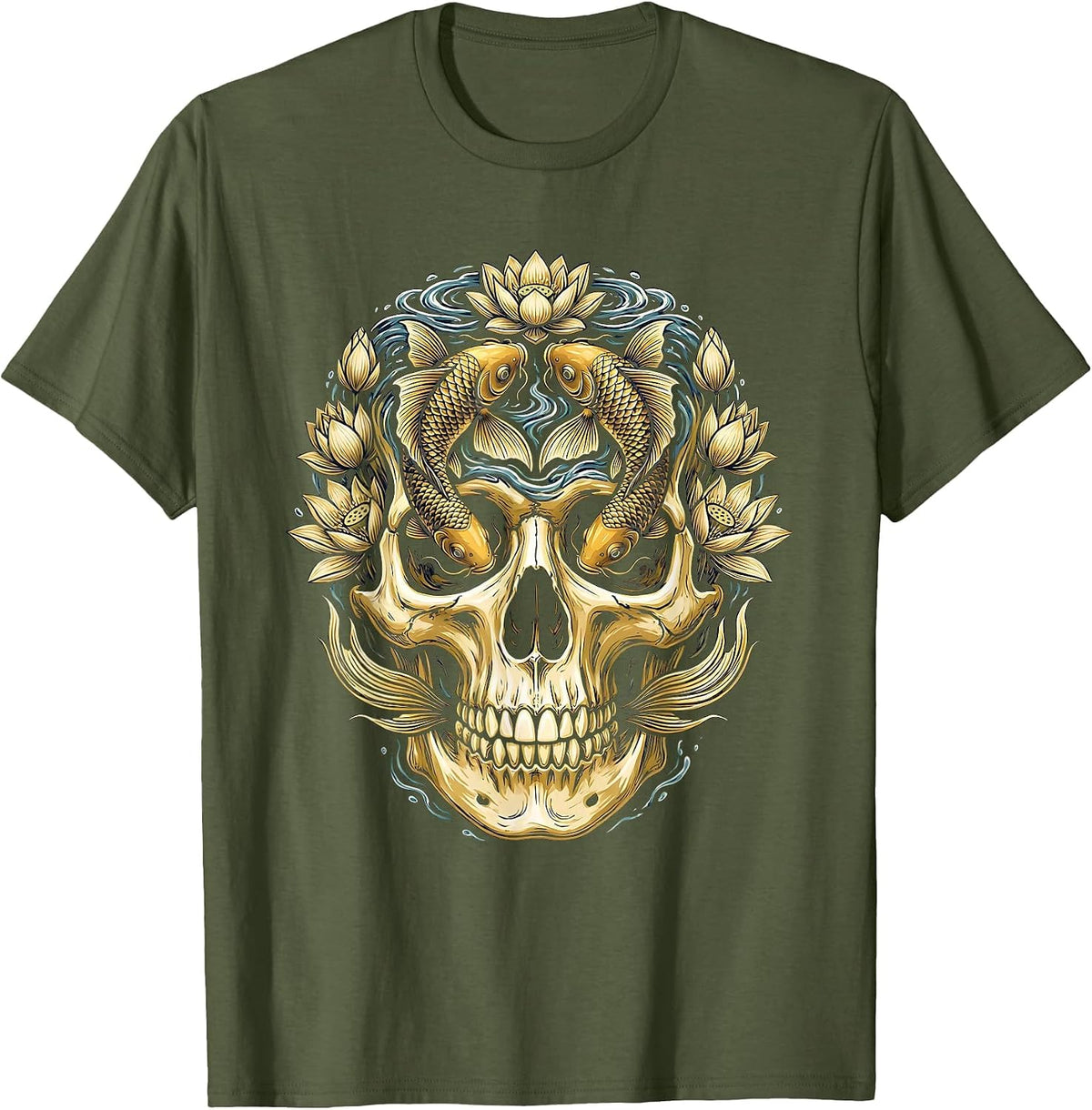 Skull and Koi Fish Art Design T-Shirt - Olive Green