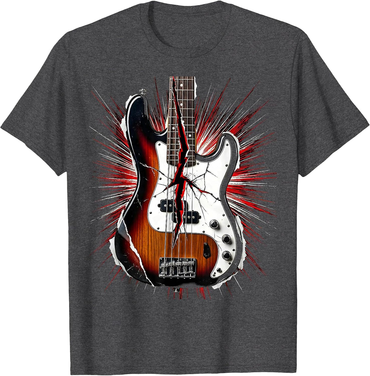 Bass Guitar Lightning Bolt Crack Graphic Tee T-Shirt - Dark Heather Grey