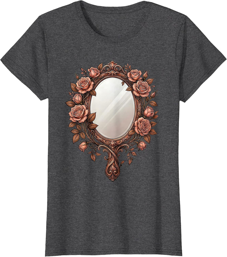 Women's Ornate Floral Gold Hand Mirror Gigi Design T-Shirt - Dark Heather Grey