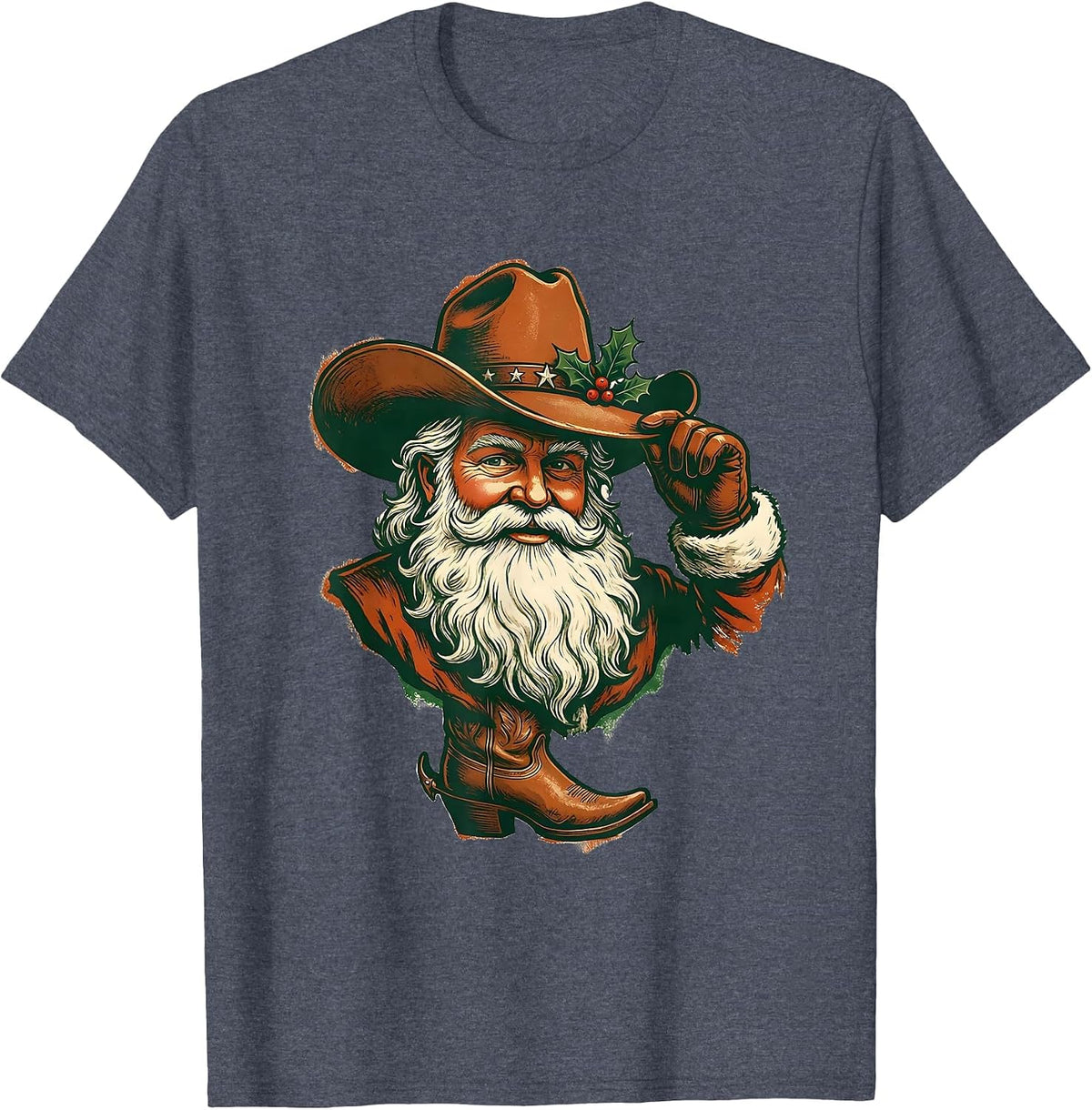 Cowboy Santa Bust Rubber Stamp Western Christmas T-Shirt - Heather Blue