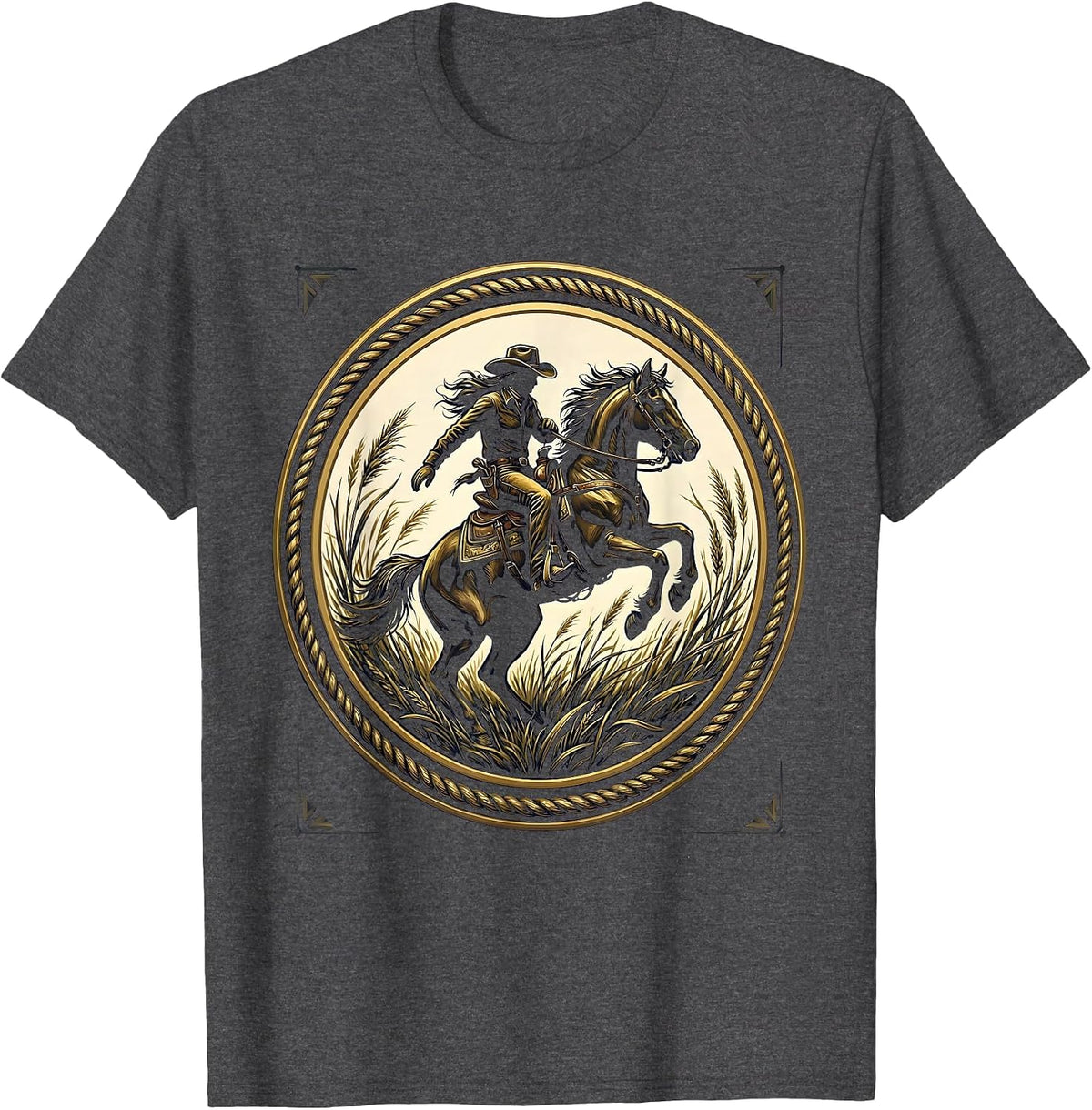 Cowgirl on Horseback Through Tall Grass Design T-Shirt - Dark Heather Grey