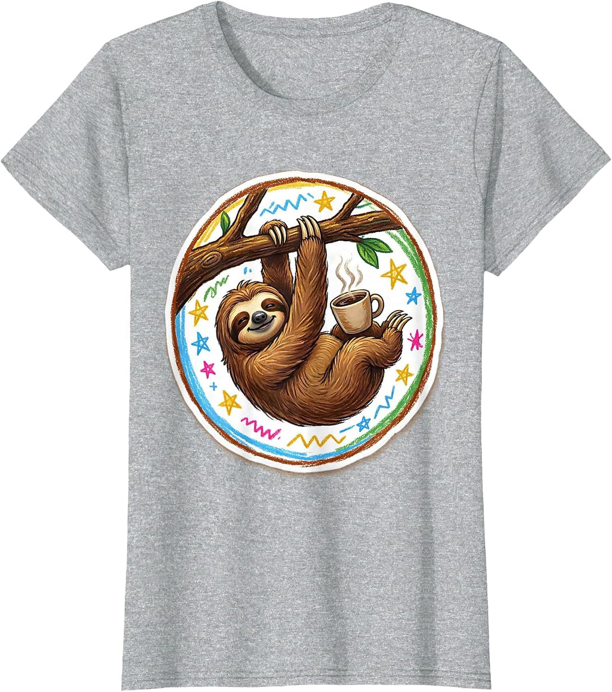 Funny Sloth Hanging With Coffee Graphic Tee T-Shirt - Heather Grey