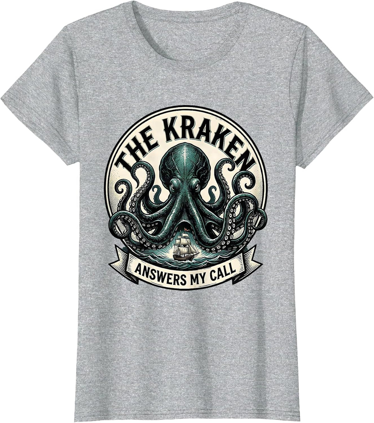 The Kraken Answers My Call Vintage Sign Painter Octopus Sea T-Shirt - Heather Grey