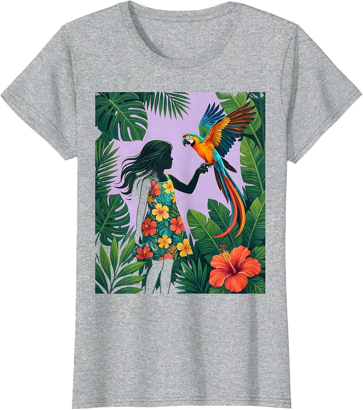 Tropical Parrot on Hand Girls Hawaiian Design T-Shirt - Heather Grey
