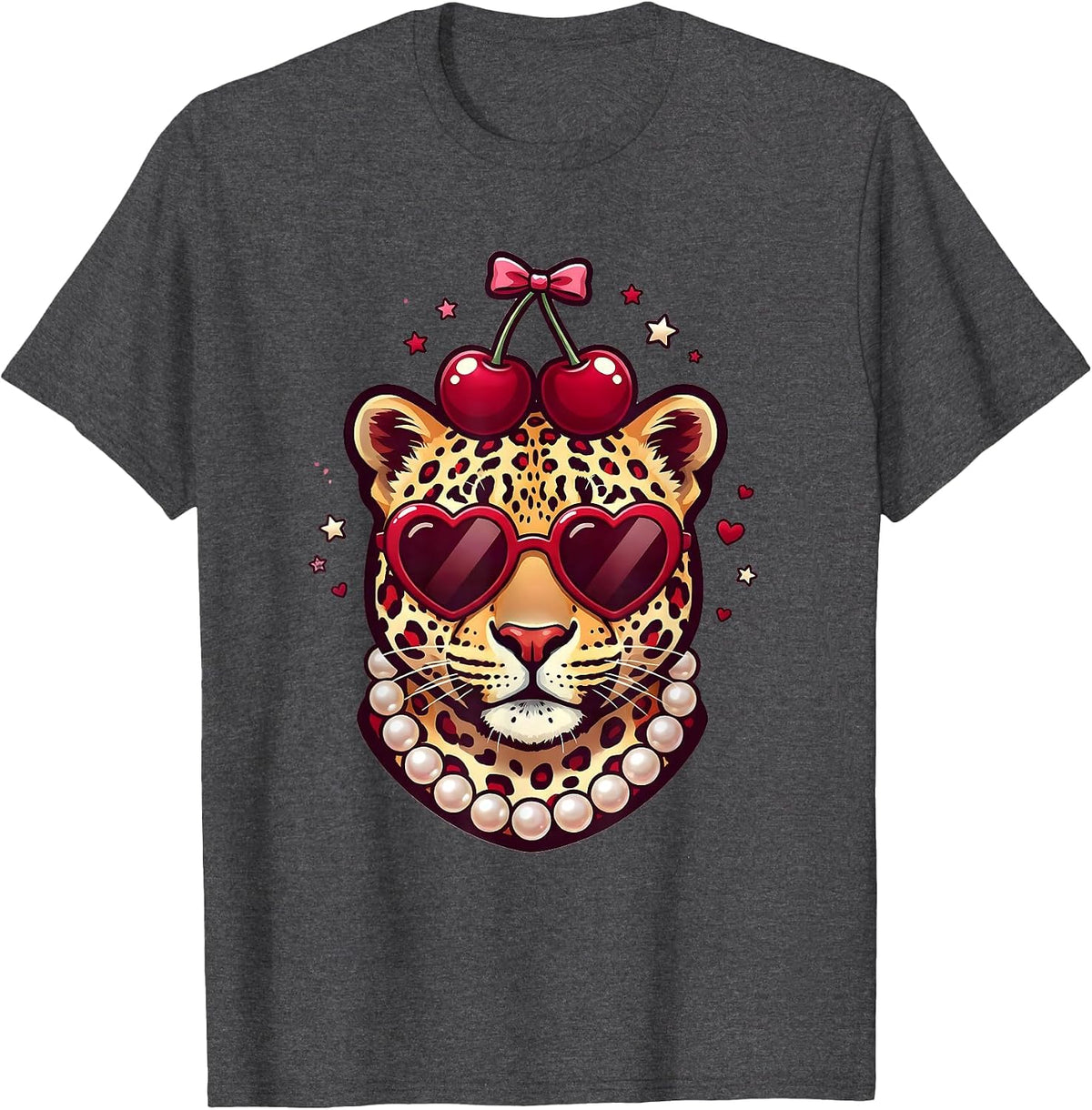 Gigi Leopard Pearl Necklace and Sunglasses T-Shirt - Dark Heather Grey
