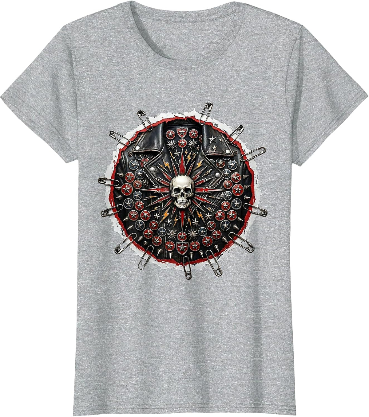 Women's 80s Metal Band Pins Leather Jacket Graphic T-Shirt - Heather Grey