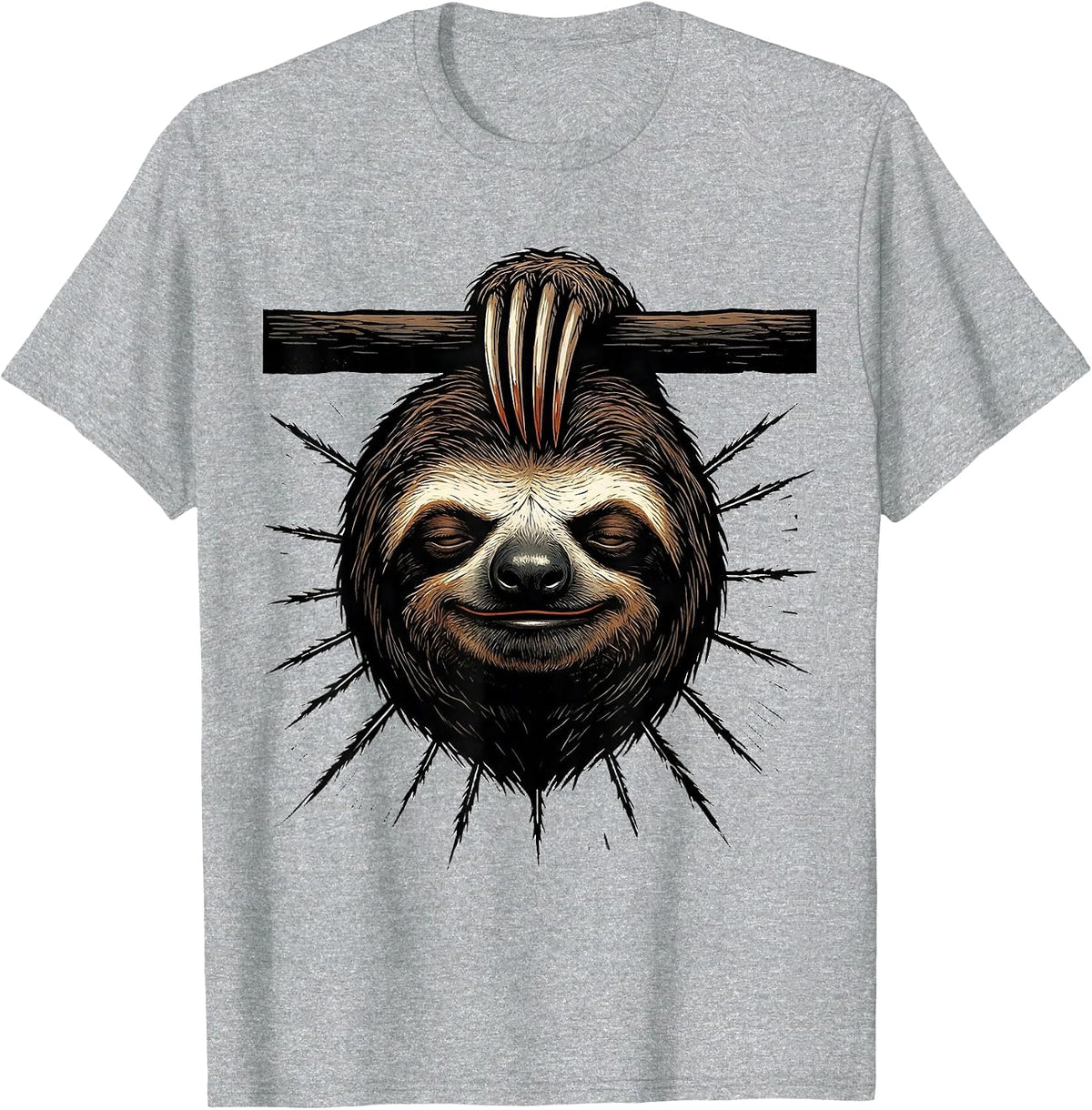Men's Oversized Sloth Linocut Funny Animal Lover Humor T-Shirt - Heather Grey