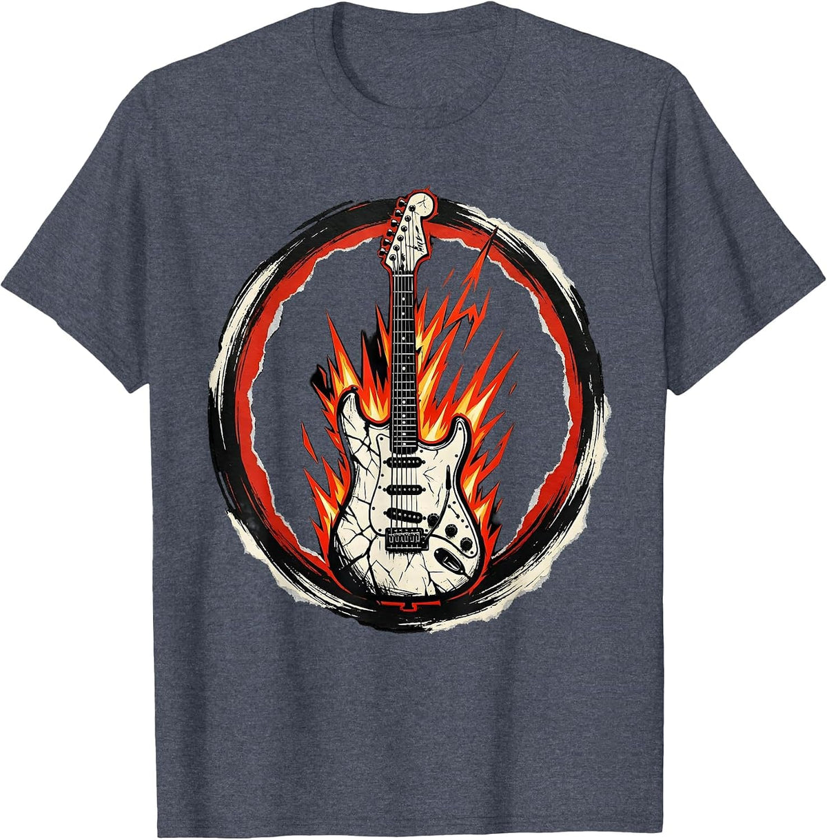 Flaming Electric Guitar Metal Graphic T-Shirt - Heather Blue