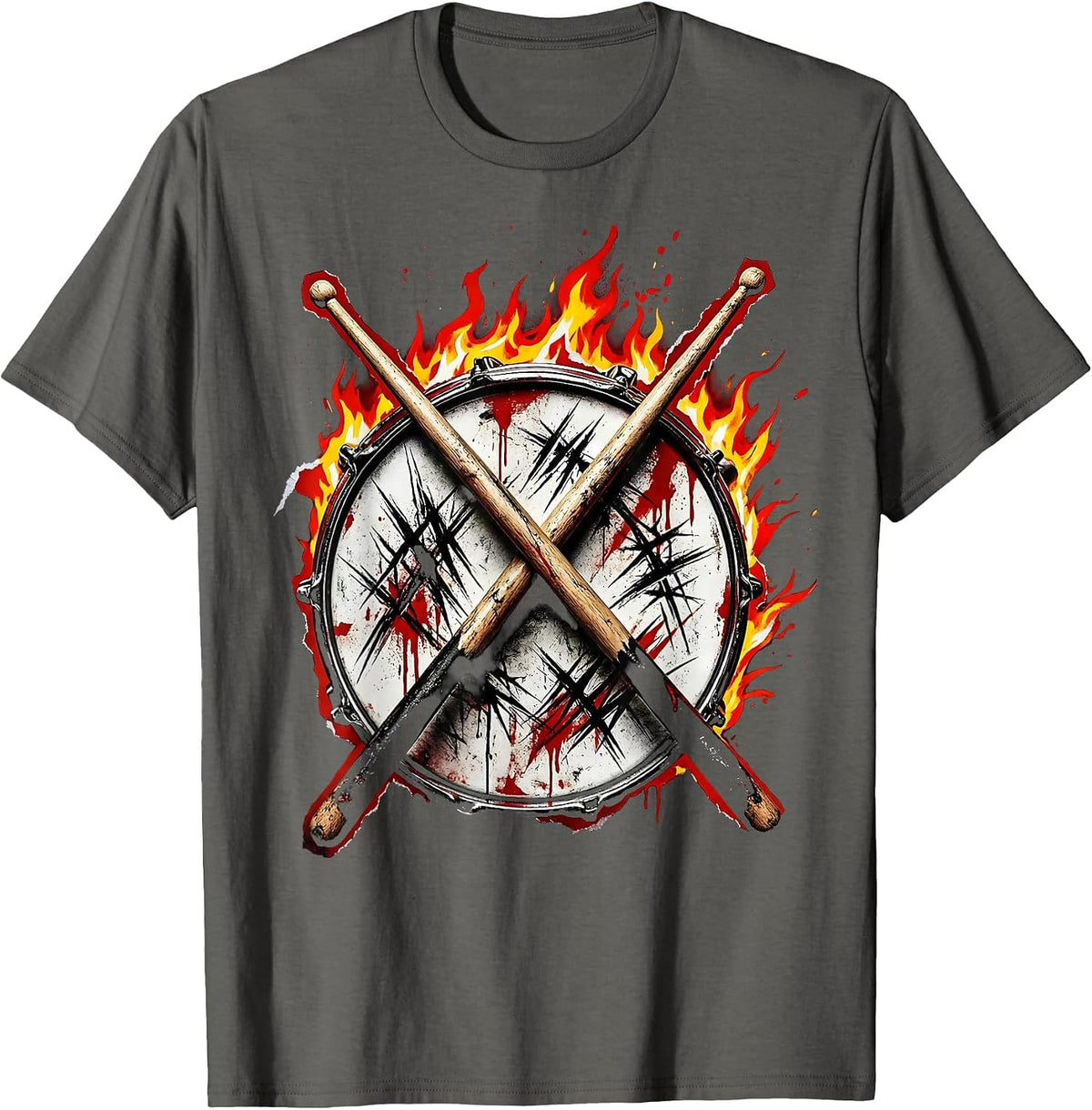 Men's 80s Rock Drummer Flaming Snare Drumsticks Graphic T-Shirt - Asphalt Grey