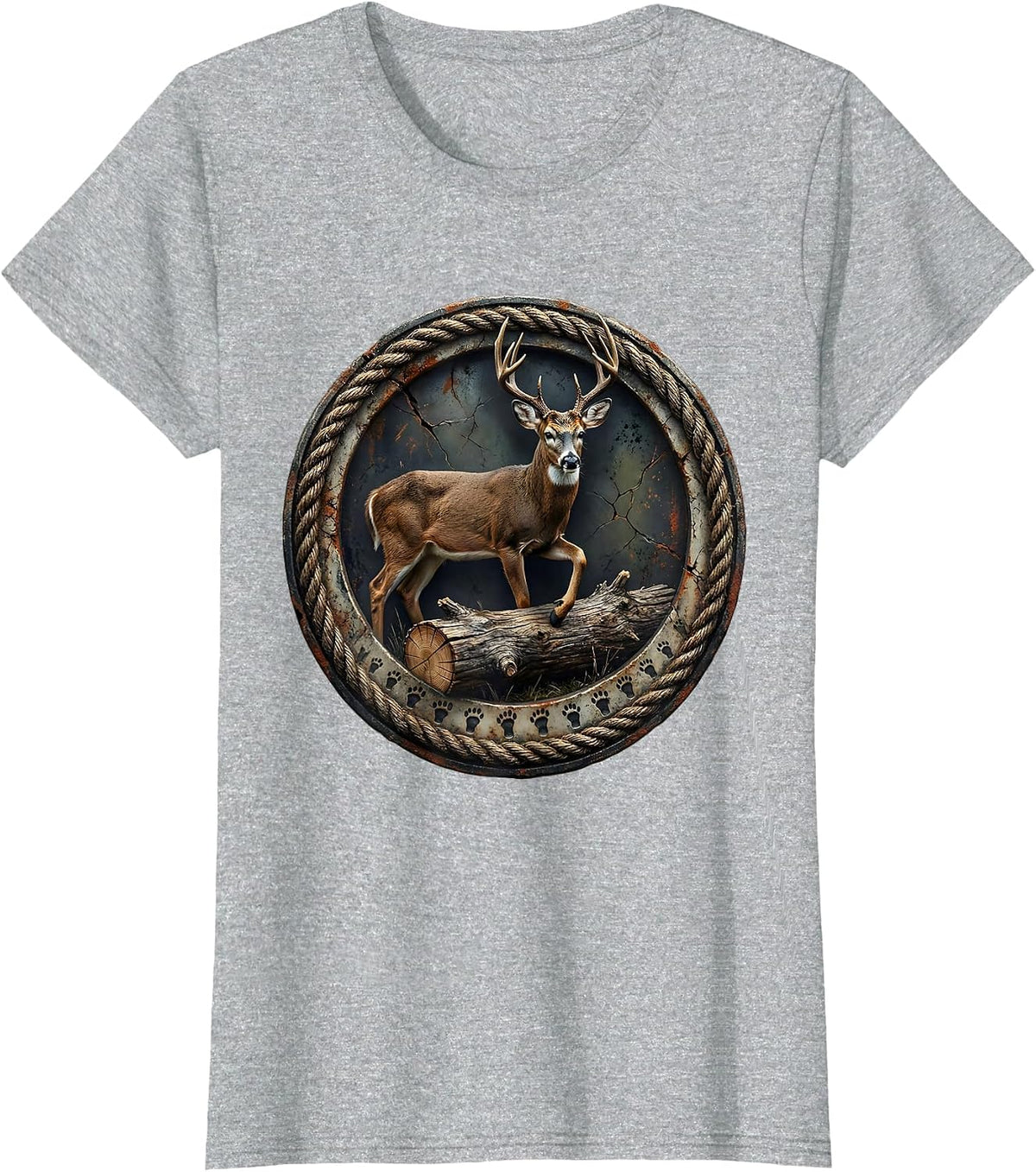 Women's Weathered Buck Badge Distressed Hunter Dad Camo T-Shirt - Heather Grey