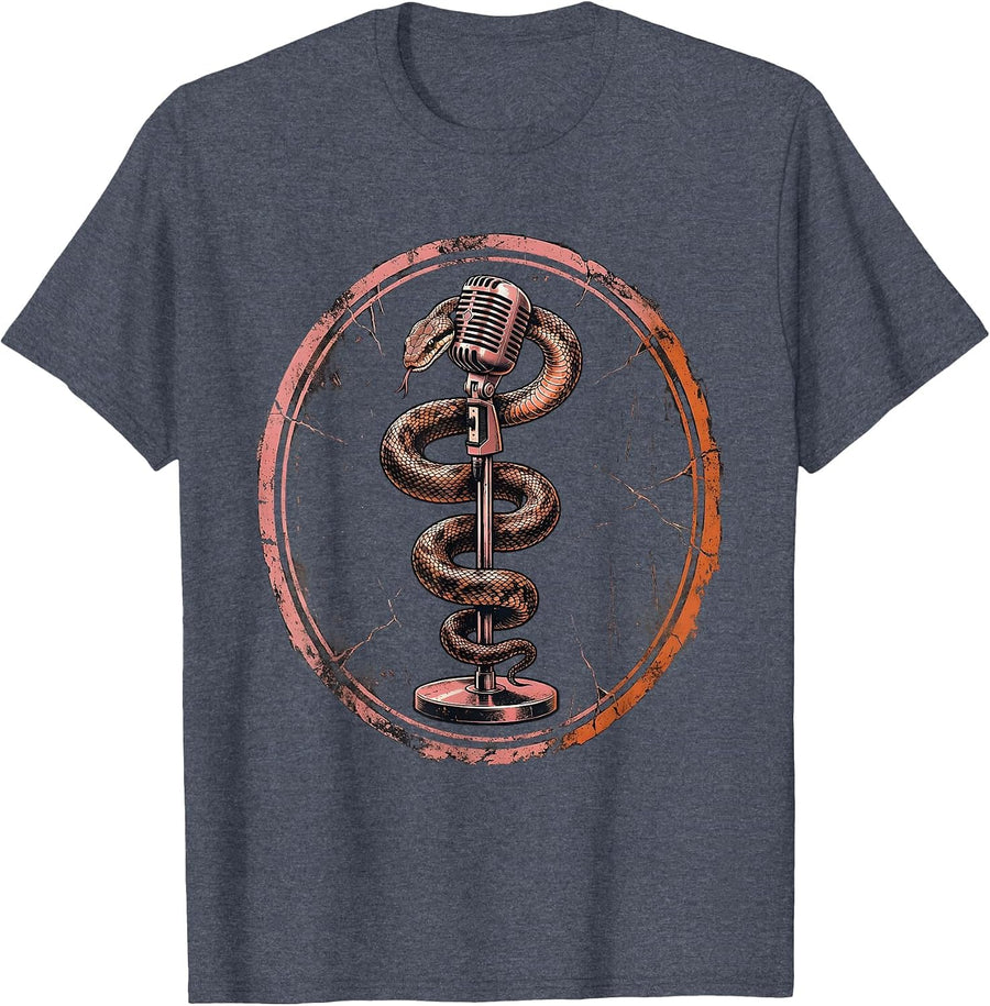 Snake Coiled Microphone Stand Rock Music Graphic T-Shirt - Heather Blue