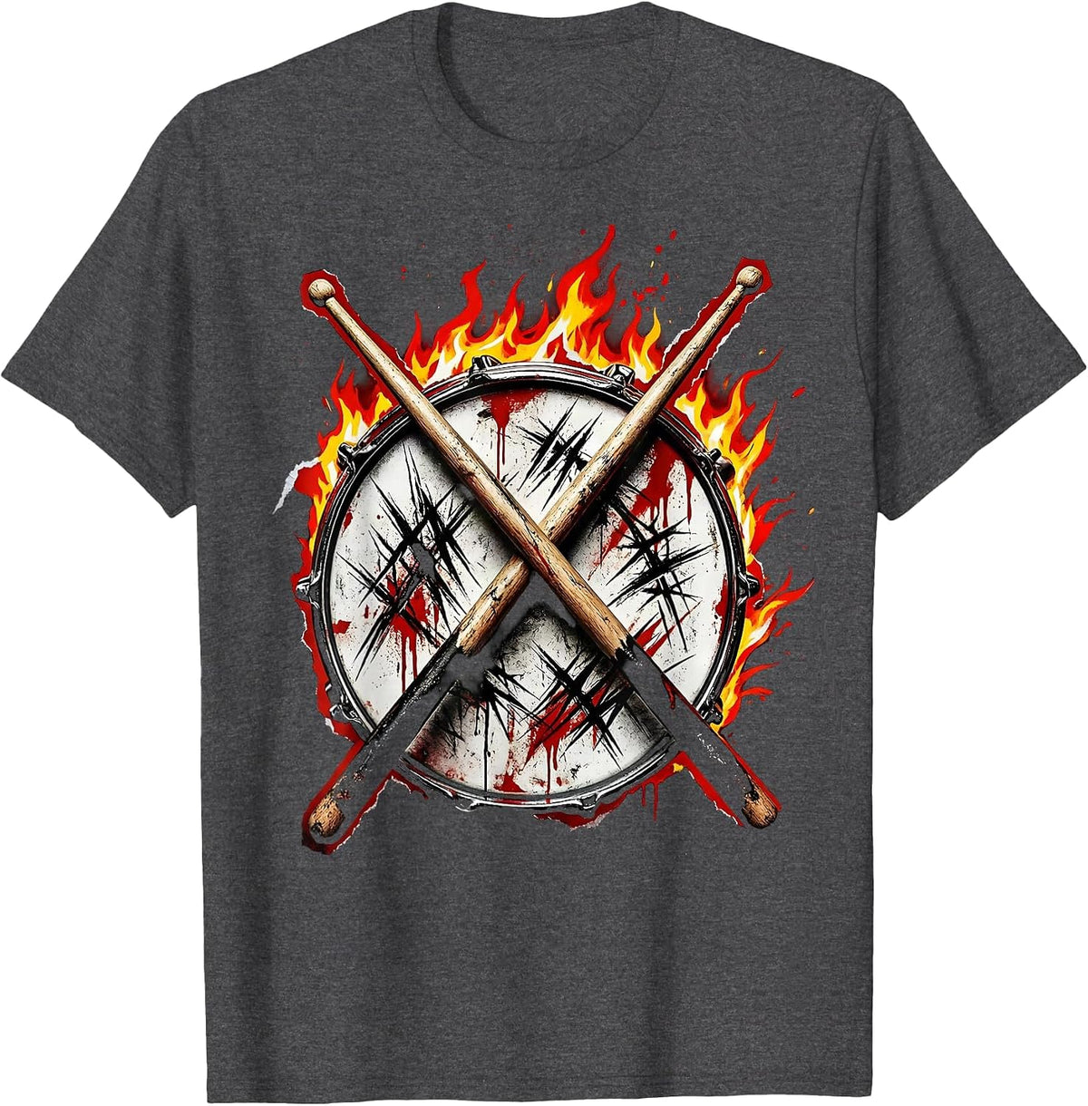 Men's 80s Rock Drummer Flaming Snare Drumsticks Graphic T-Shirt - Dark Heather Grey