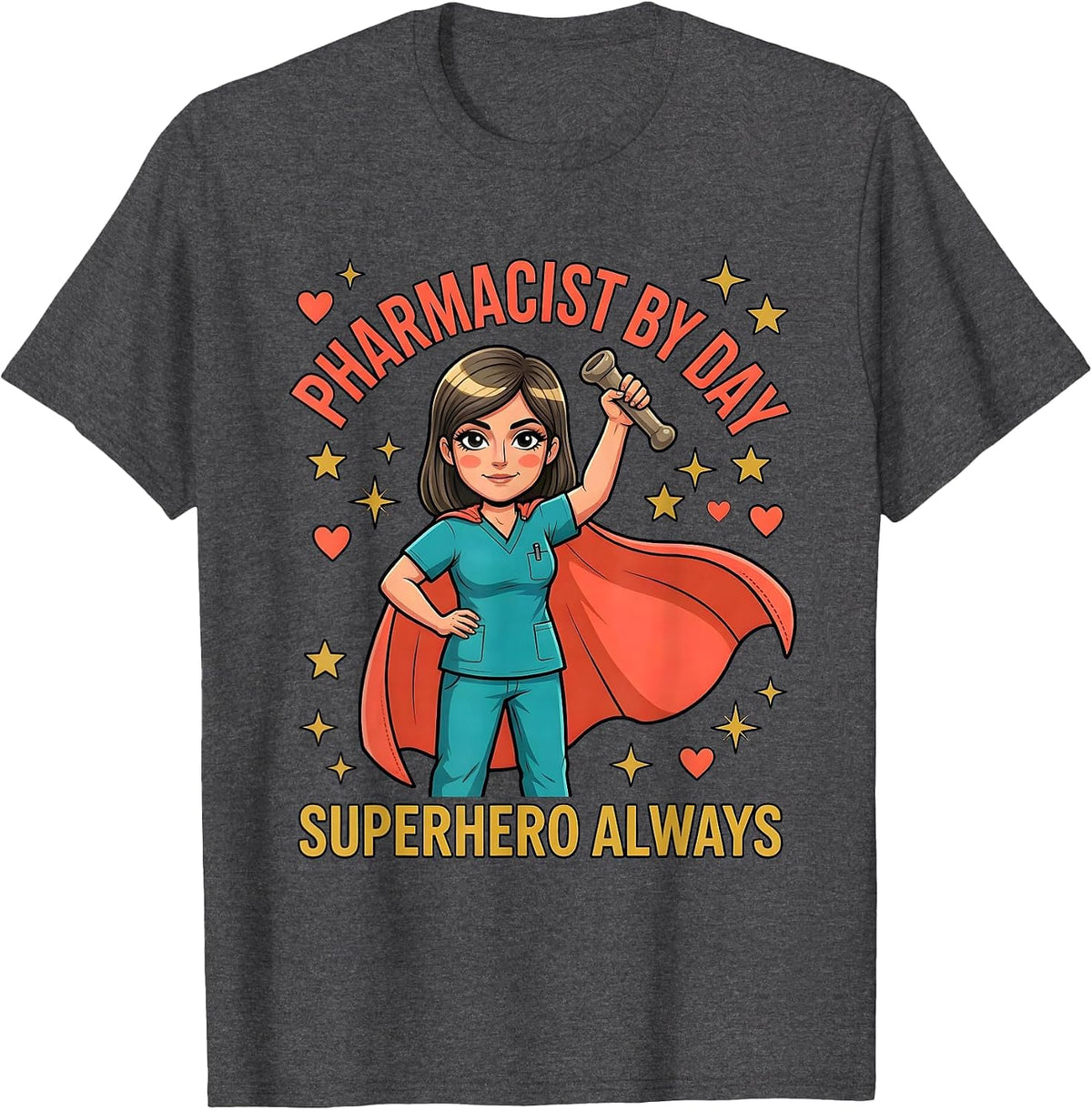 Men's PHARMACIST BY DAY, SUPERHERO ALWAYS Cartoon Pharmacist T-Shirt - Dark Heather Grey