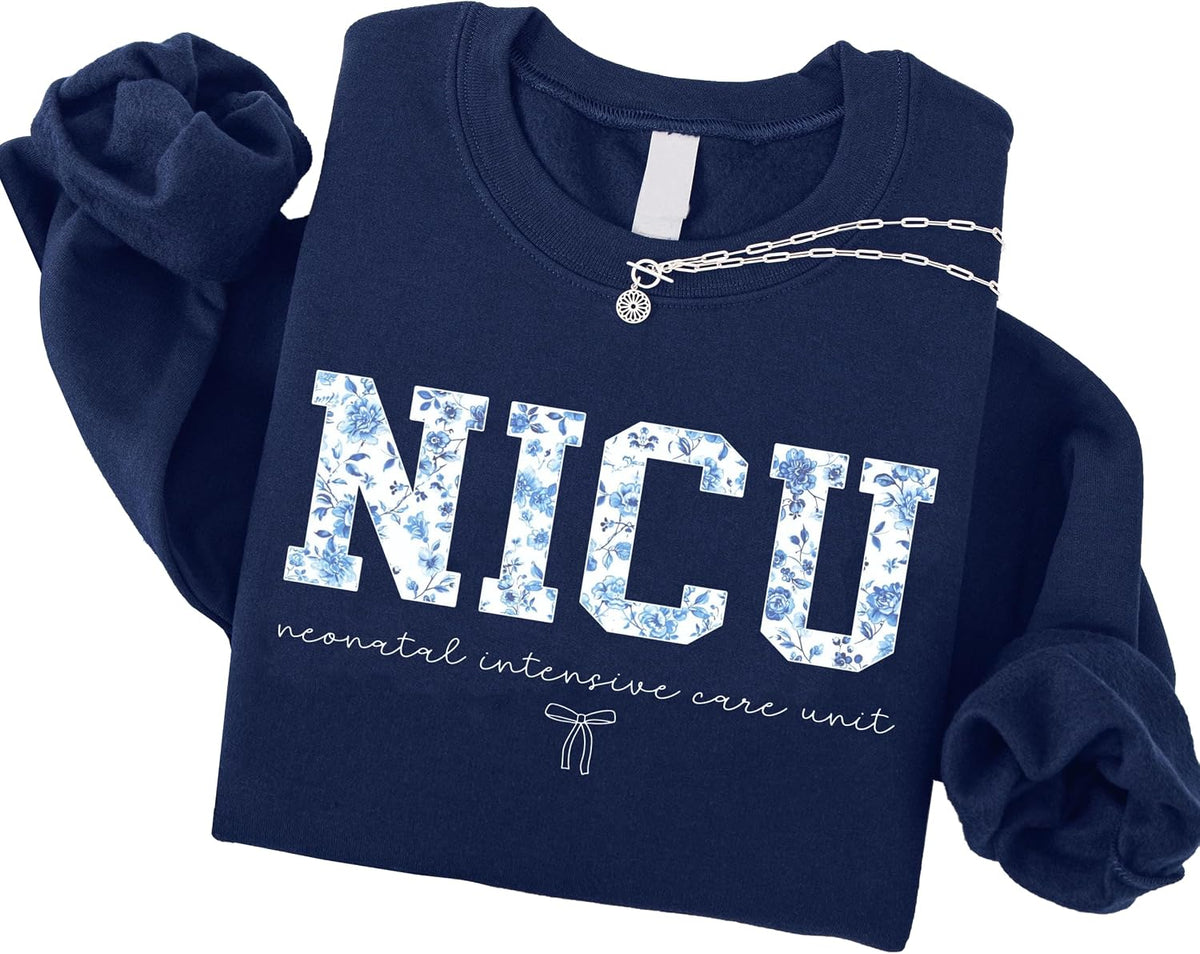 Custom Floral Medical Staff Sweatshirt, Personalized Healthcare Worker Crewneck with Blue Toile Letters, Nurse Gifts - Nicu