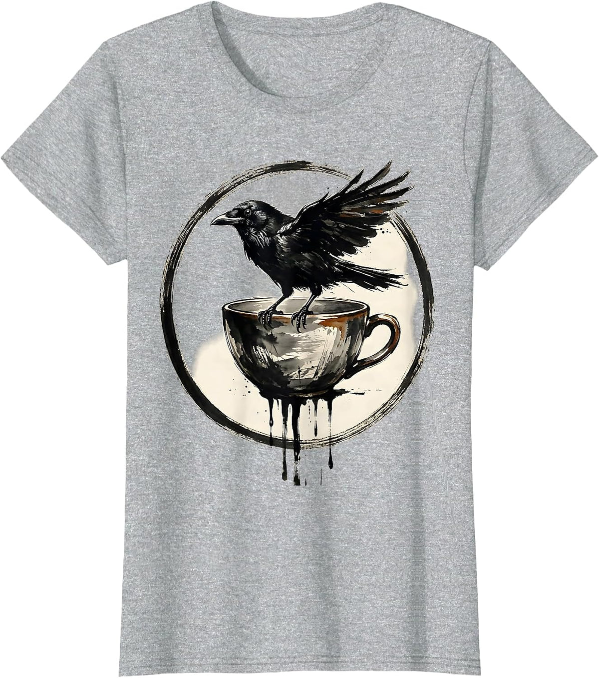 Cawf Crow Perched on Dripping Coffee Cup T-Shirt - Heather Grey