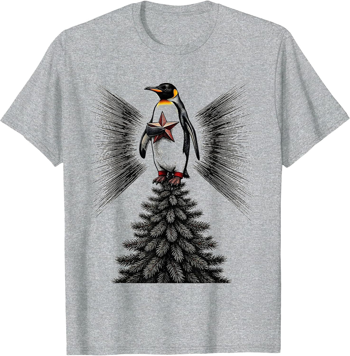 Men's Penguin in Pajamas Christmas Tree Star Holiday Humor T-Shirt - Heather Grey