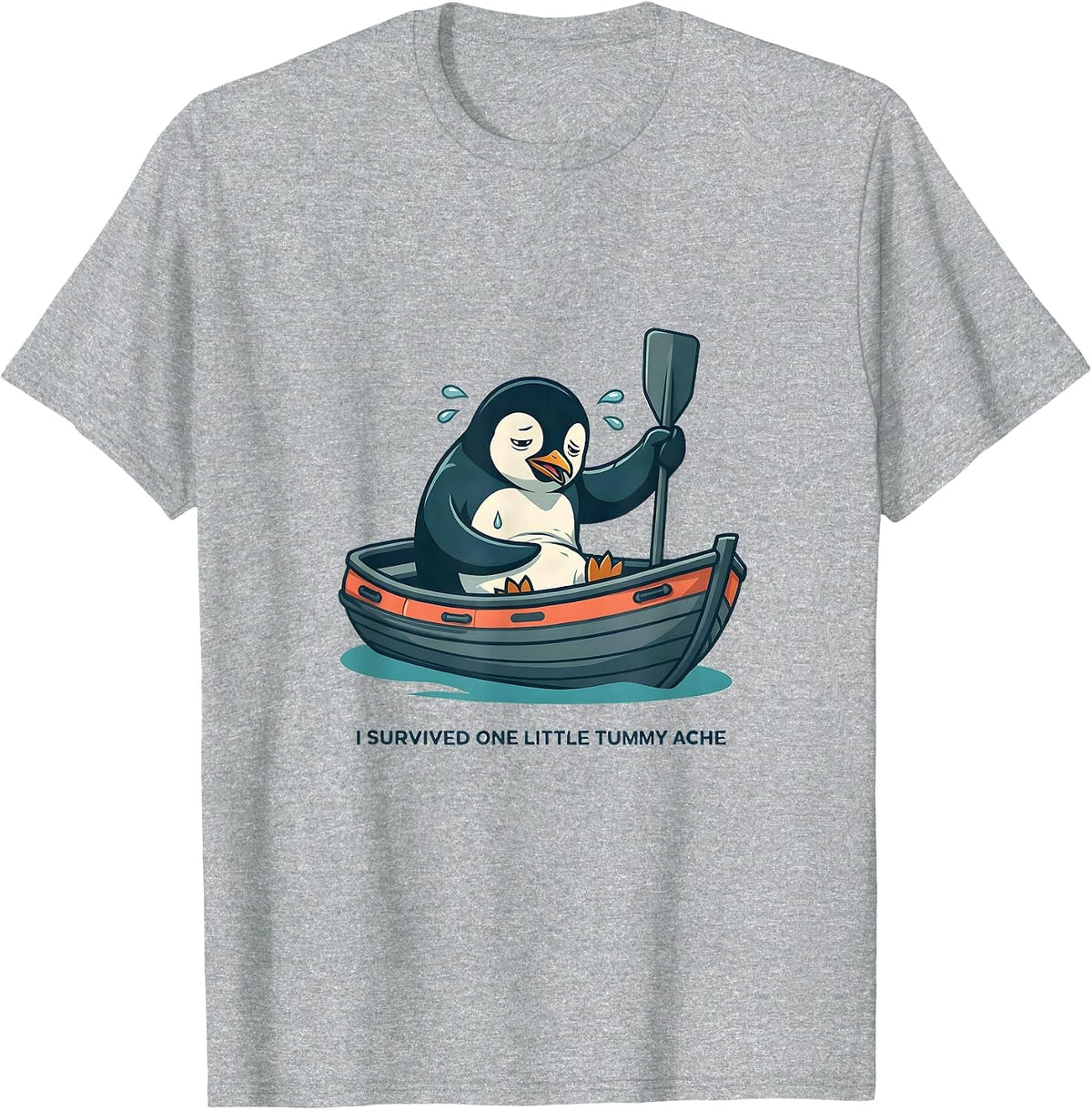 I Survived One Little Tummy Ache Funny Penguin Meme Humor T-Shirt, Men, Heather Grey, Large - As Pictured