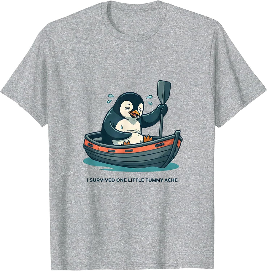 I Survived One Little Tummy Ache Funny Penguin Meme Humor T-Shirt, Men, Heather Grey, Large - As Pictured