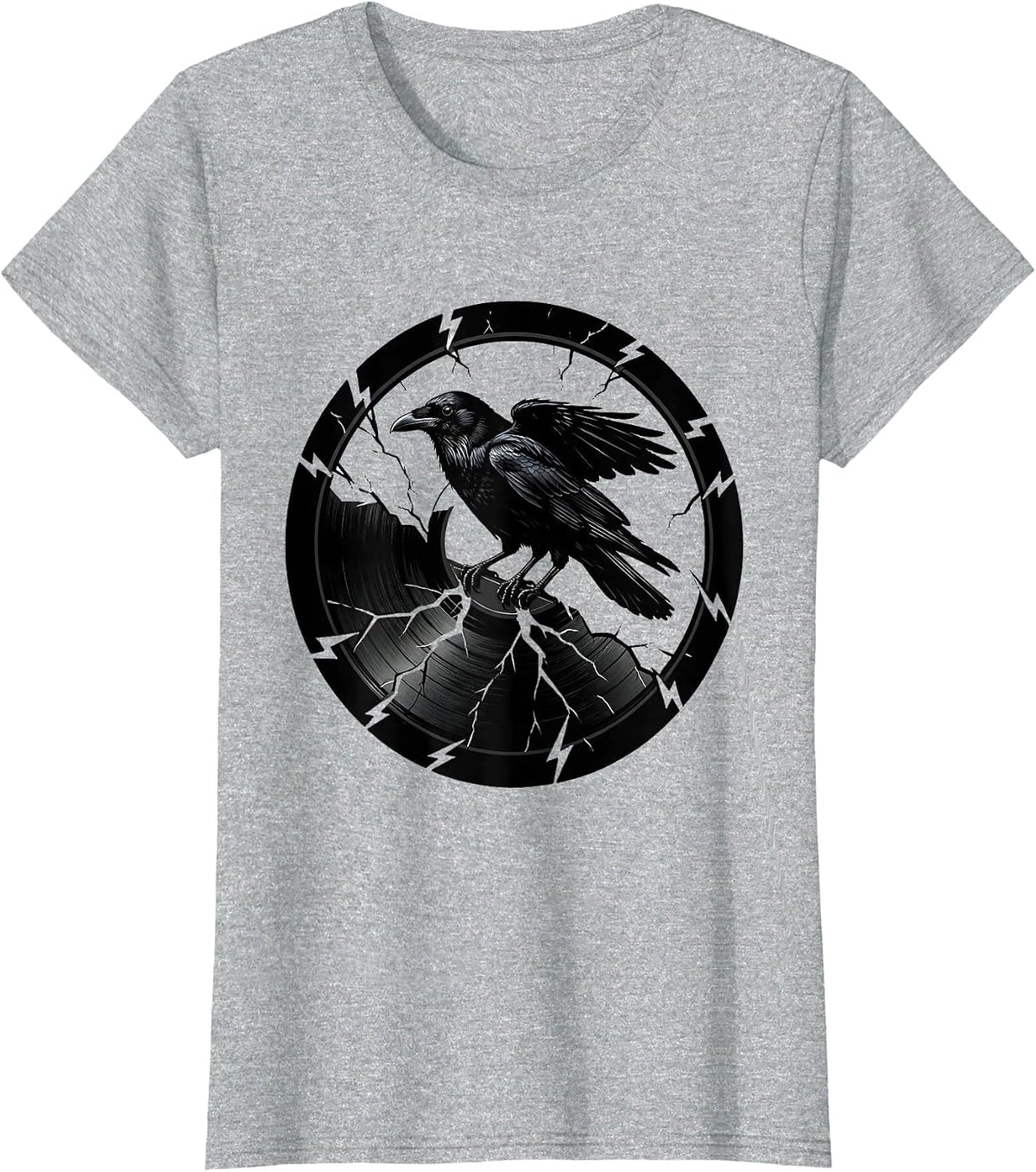 Crow on Cracked Vinyl Record Rock and Roll Art T-Shirt - Heather Grey