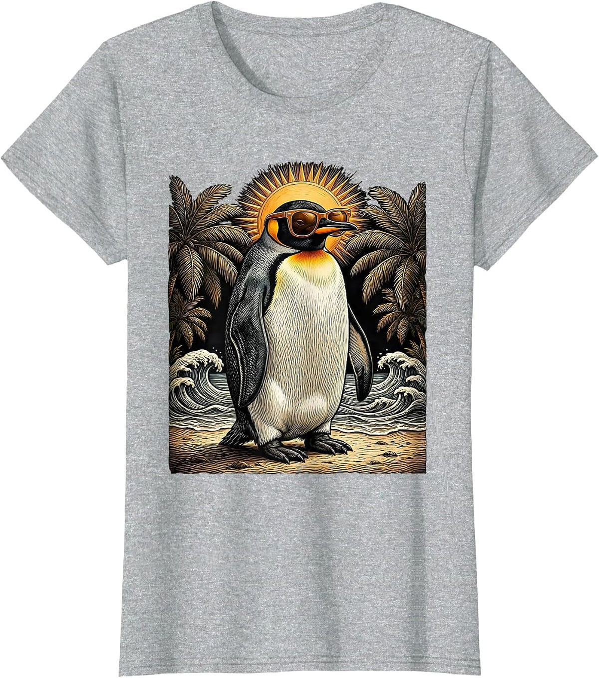 Cool Penguin Tropical Beach Sunglasses Design T-Shirt - Heather Grey
