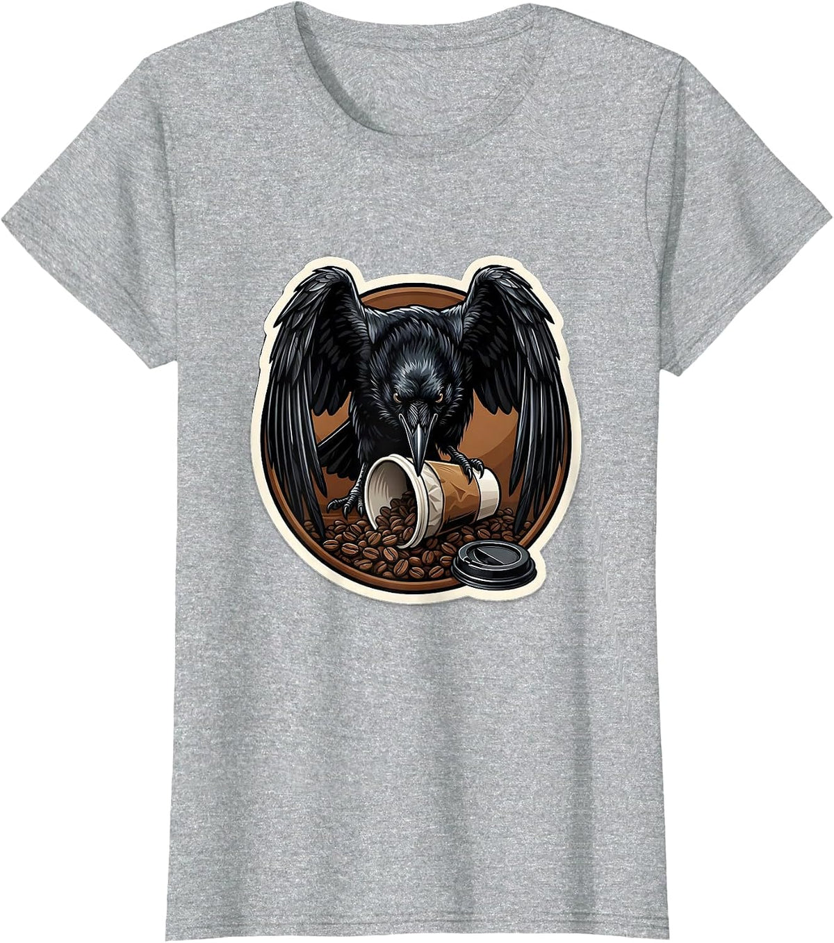Crow Attacking Empty Coffee Cup Illustration T-Shirt - Heather Grey