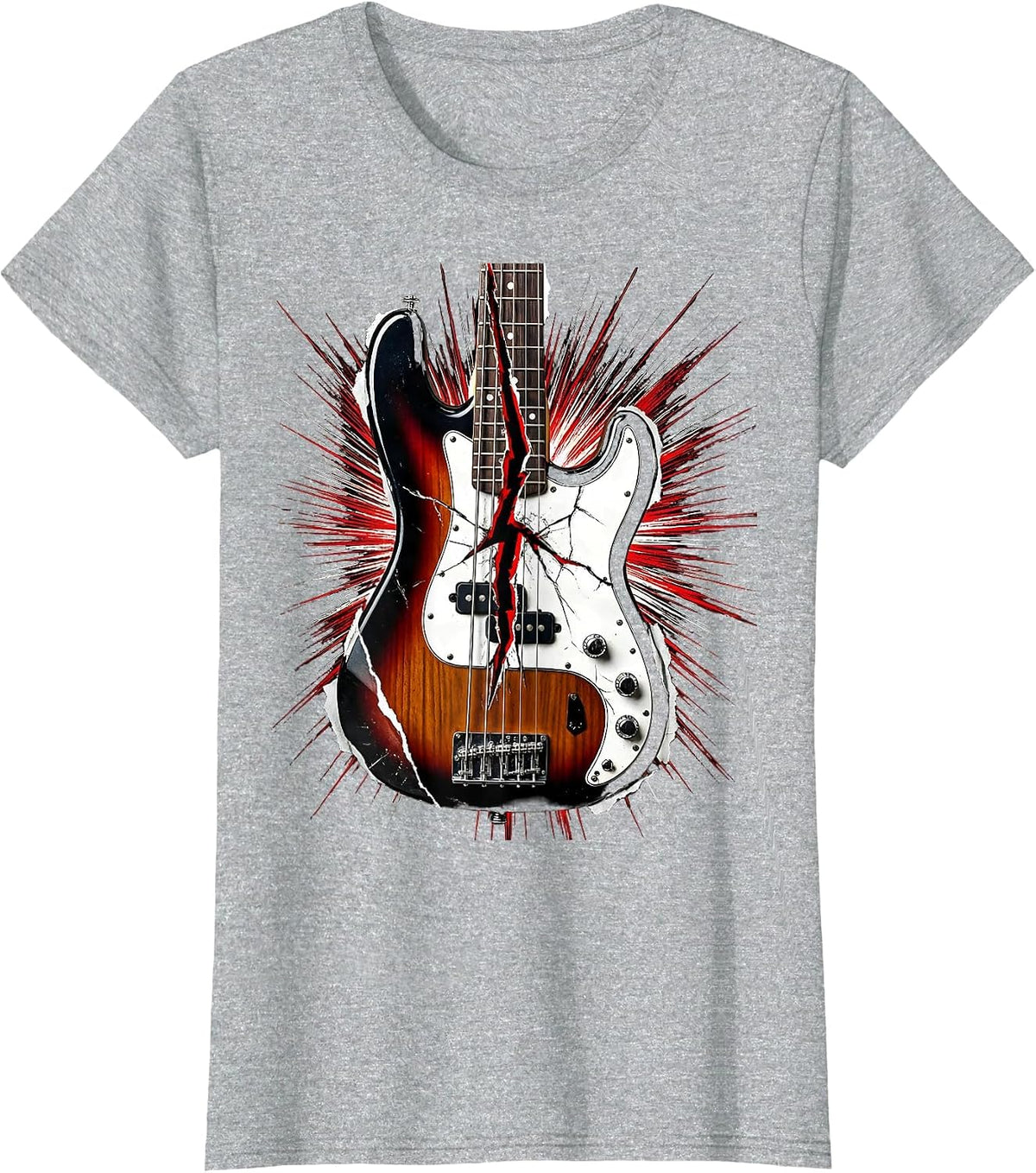Bass Guitar Lightning Bolt Crack Graphic Tee T-Shirt - Heather Grey