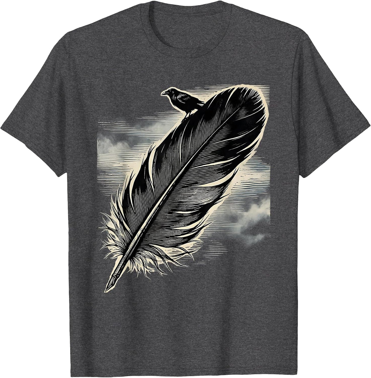 Crow Feather Falling Through Misty Air Design T-Shirt - Dark Heather Grey