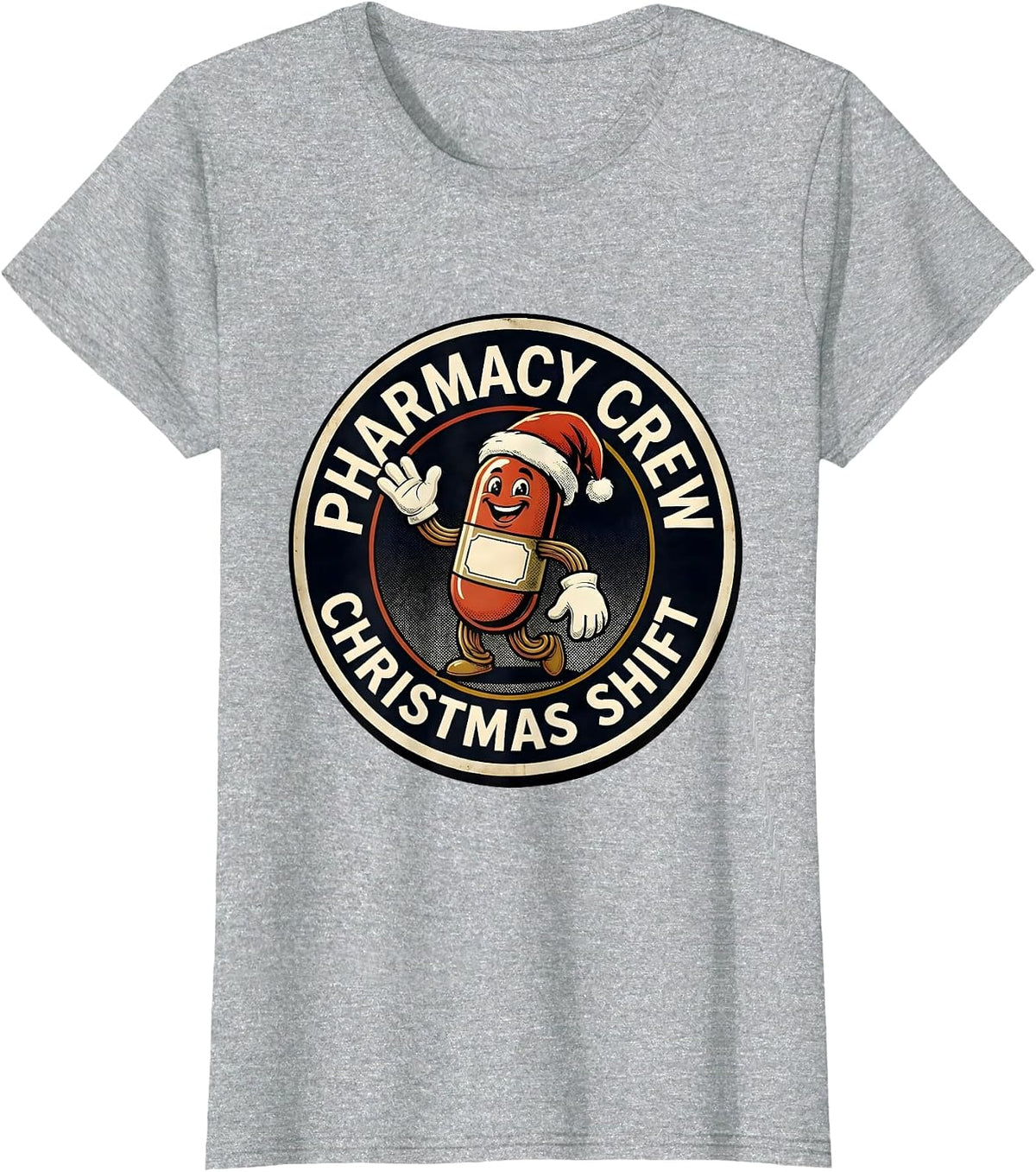 Women's Pharmacy Crew Christmas Shift Retro Cartoon Pharmacist Tech T-Shirt - Heather Grey