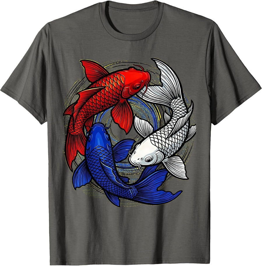 Red White and Blue Koi Fish Swimming Design T-Shirt - Asphalt Grey