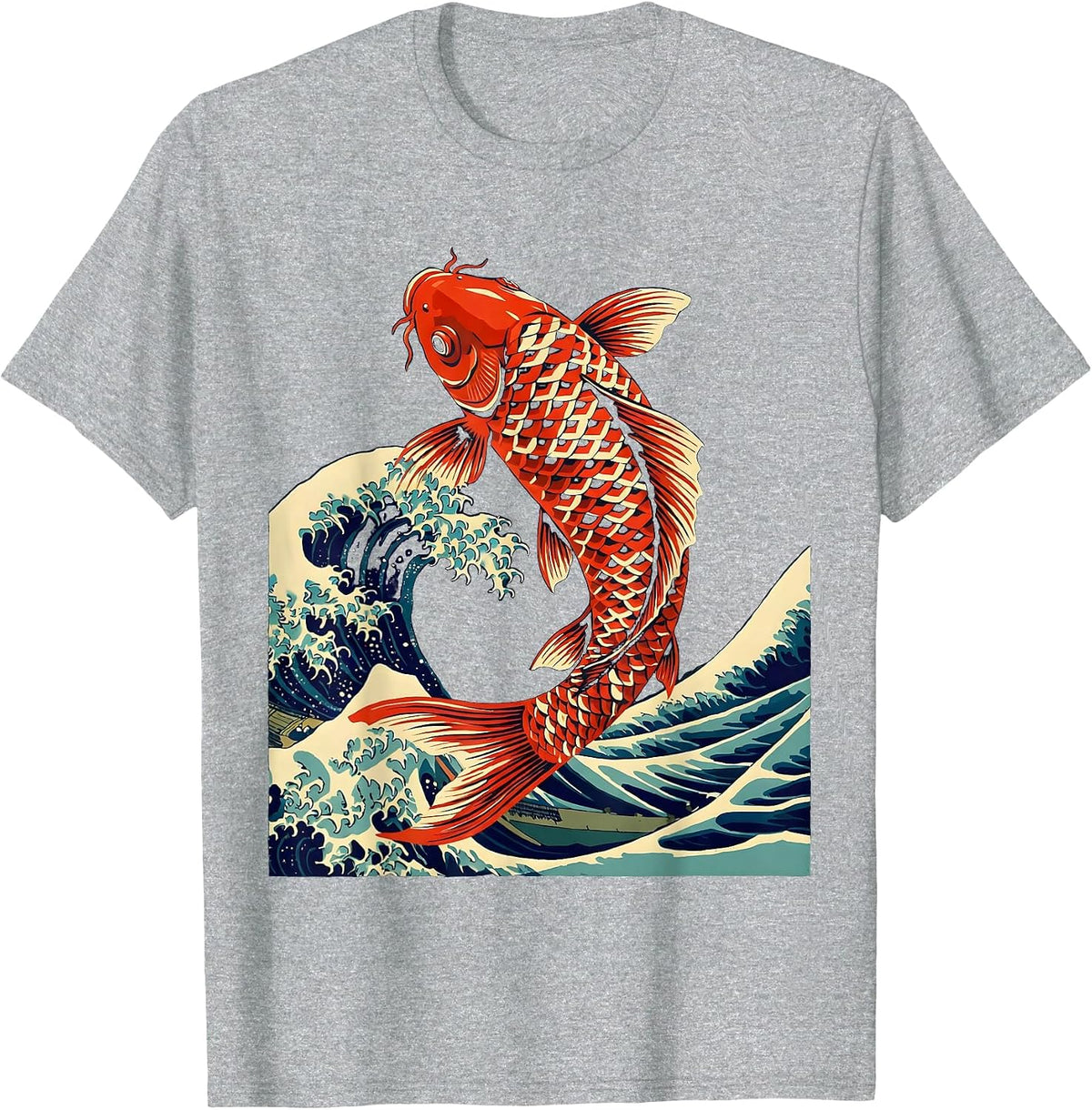 Men's Koi Fish Leaping Through Crashing Wave T-Shirt - Heather Grey