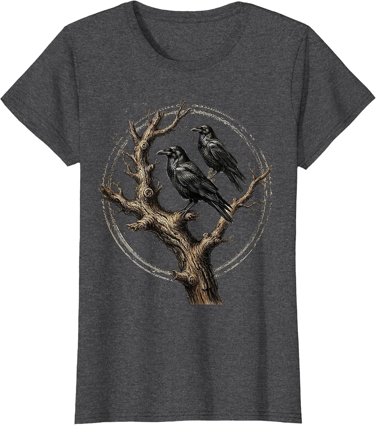 Women's Crow on Bare Branch Fall Gothic Nature Art T-Shirt - Dark Heather Grey