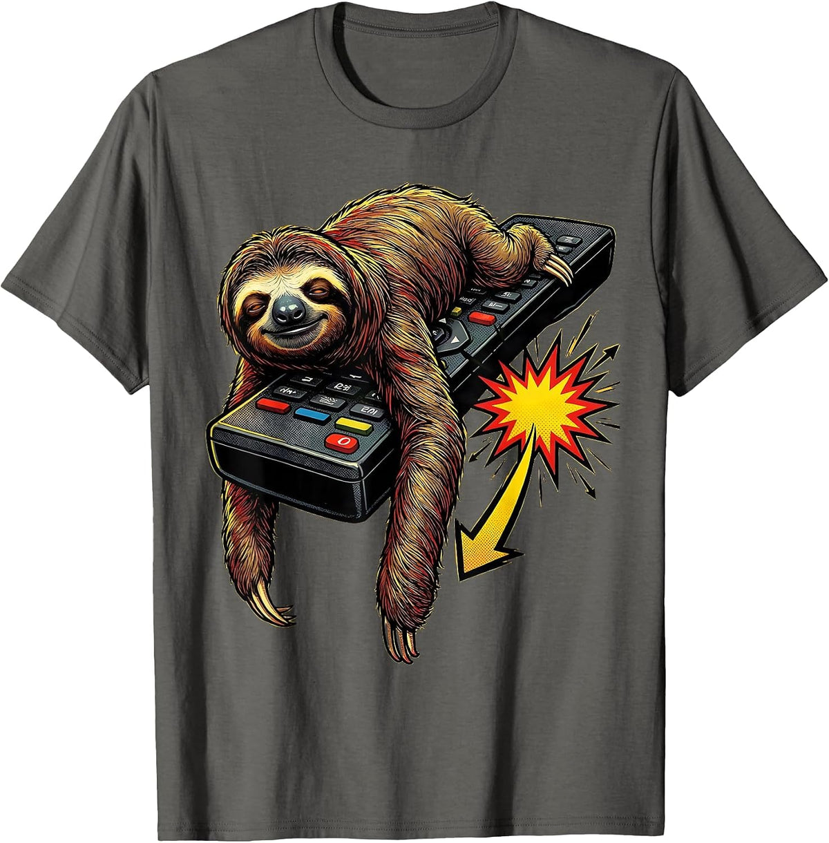 Sloth On Remote Pop Art Funny Animal Humor T-Shirt - Asphalt Grey
