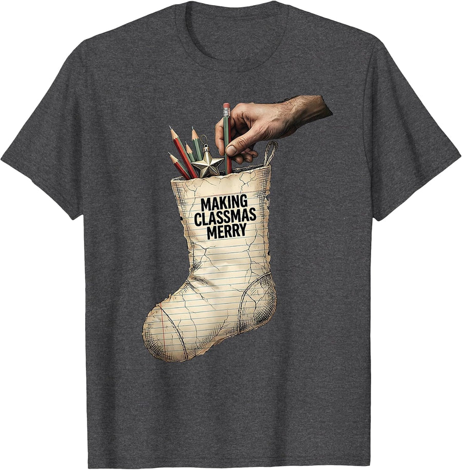 Men's Making Classmas Merry Distressed Teacher Christmas Classroom T-Shirt - Dark Heather Grey