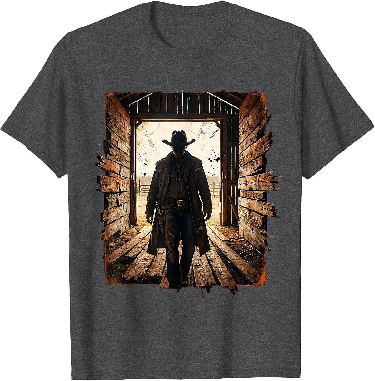 Men's Cowboy Standing in Barn Doorway Illustration T-Shirt - Dark Heather Grey