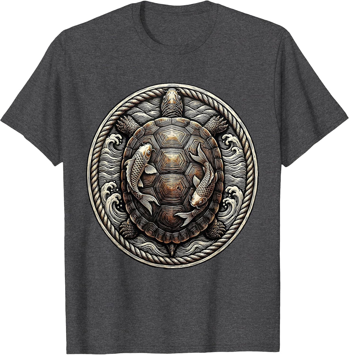 Koi Patterned Turtle Shell Graphic Design T-Shirt - Dark Heather Grey