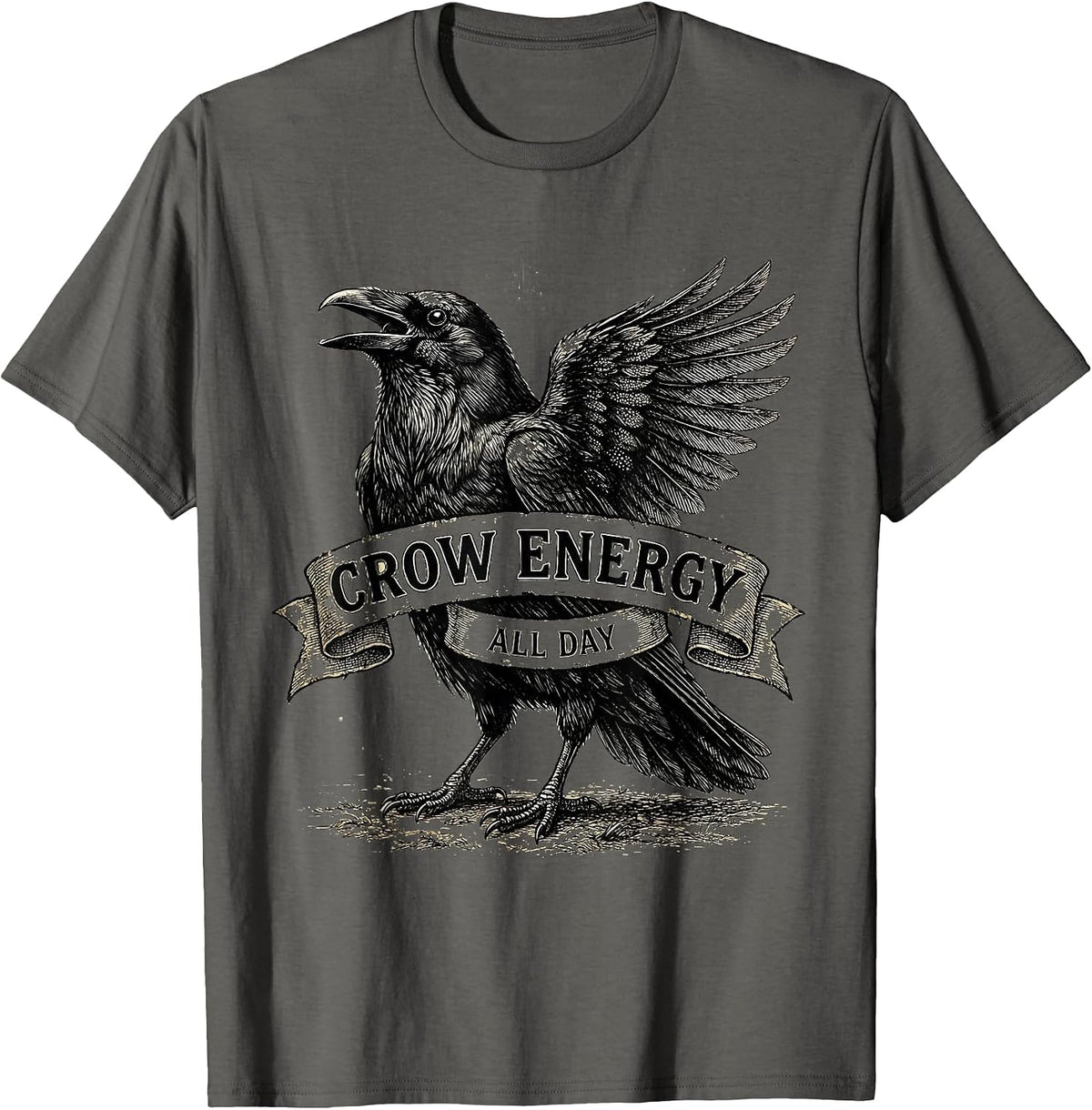 Crow Energy All Day Bold Bird Graphic Design T-Shirt - Asphalt Grey