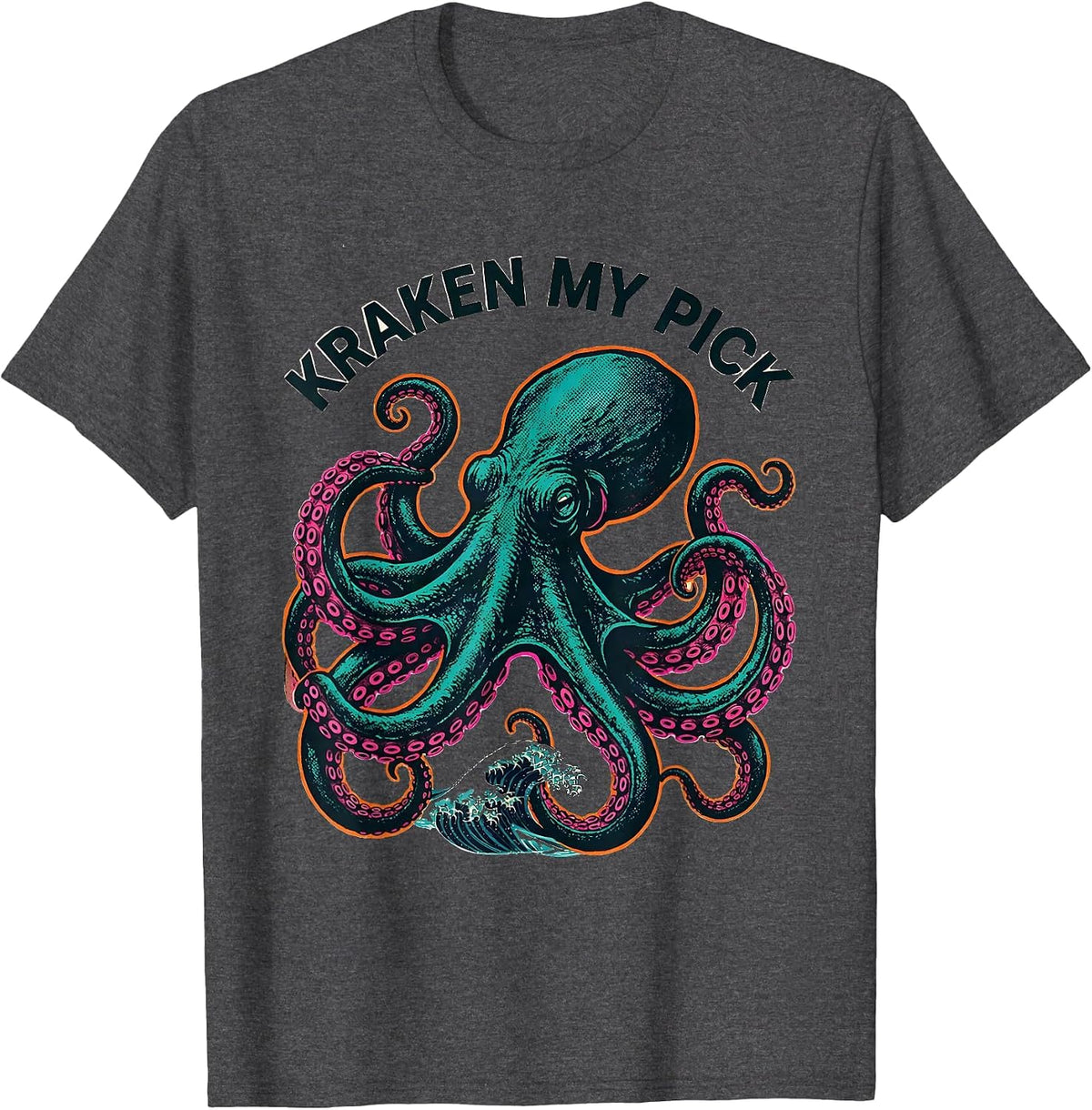Men's Kraken My Pick Risograph Vintage Octopus Lover Cephalopod T-Shirt - Dark Heather Grey