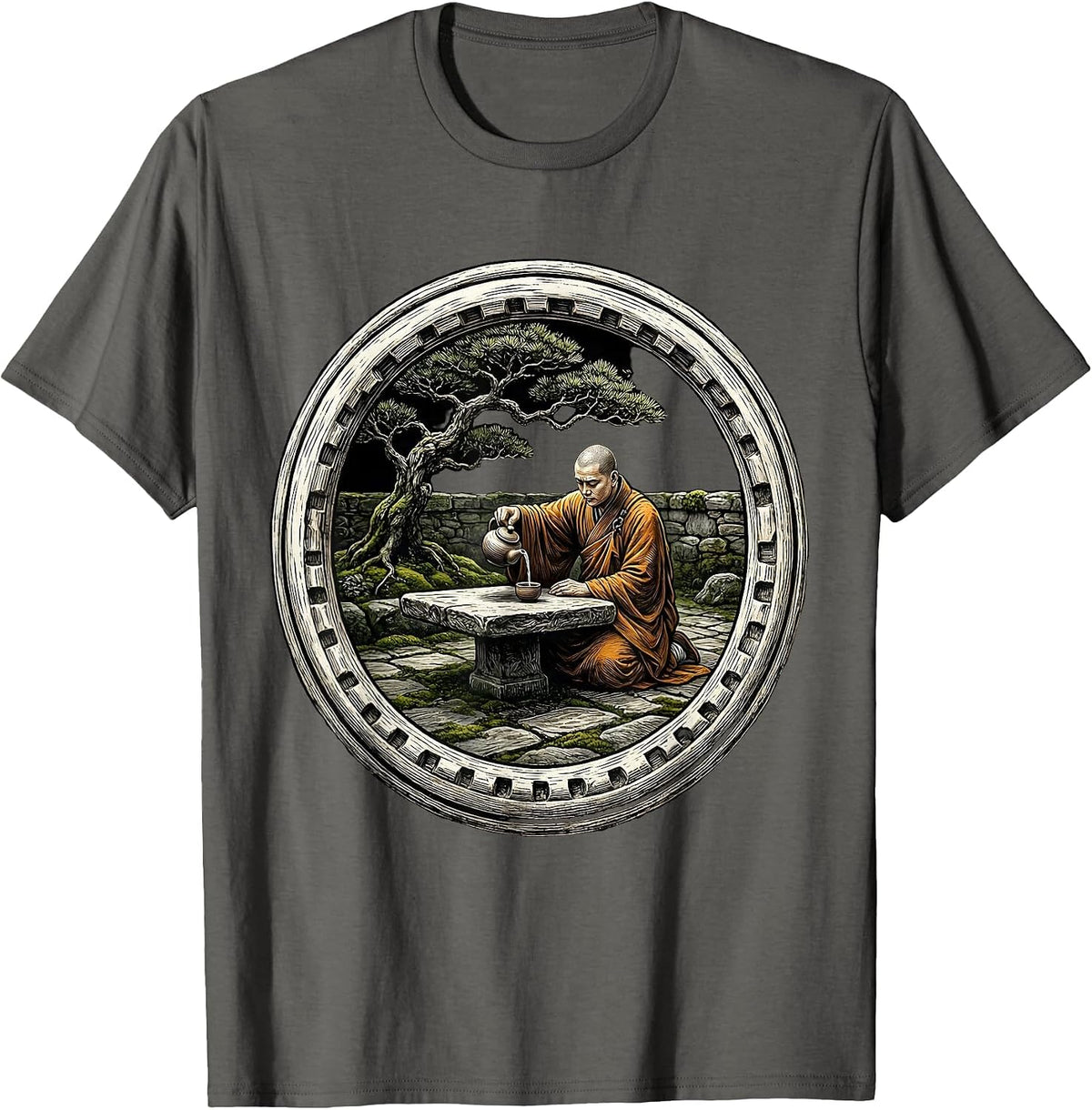 Monk Pouring Tea in Stone Courtyard Graphic T-Shirt - Asphalt Grey