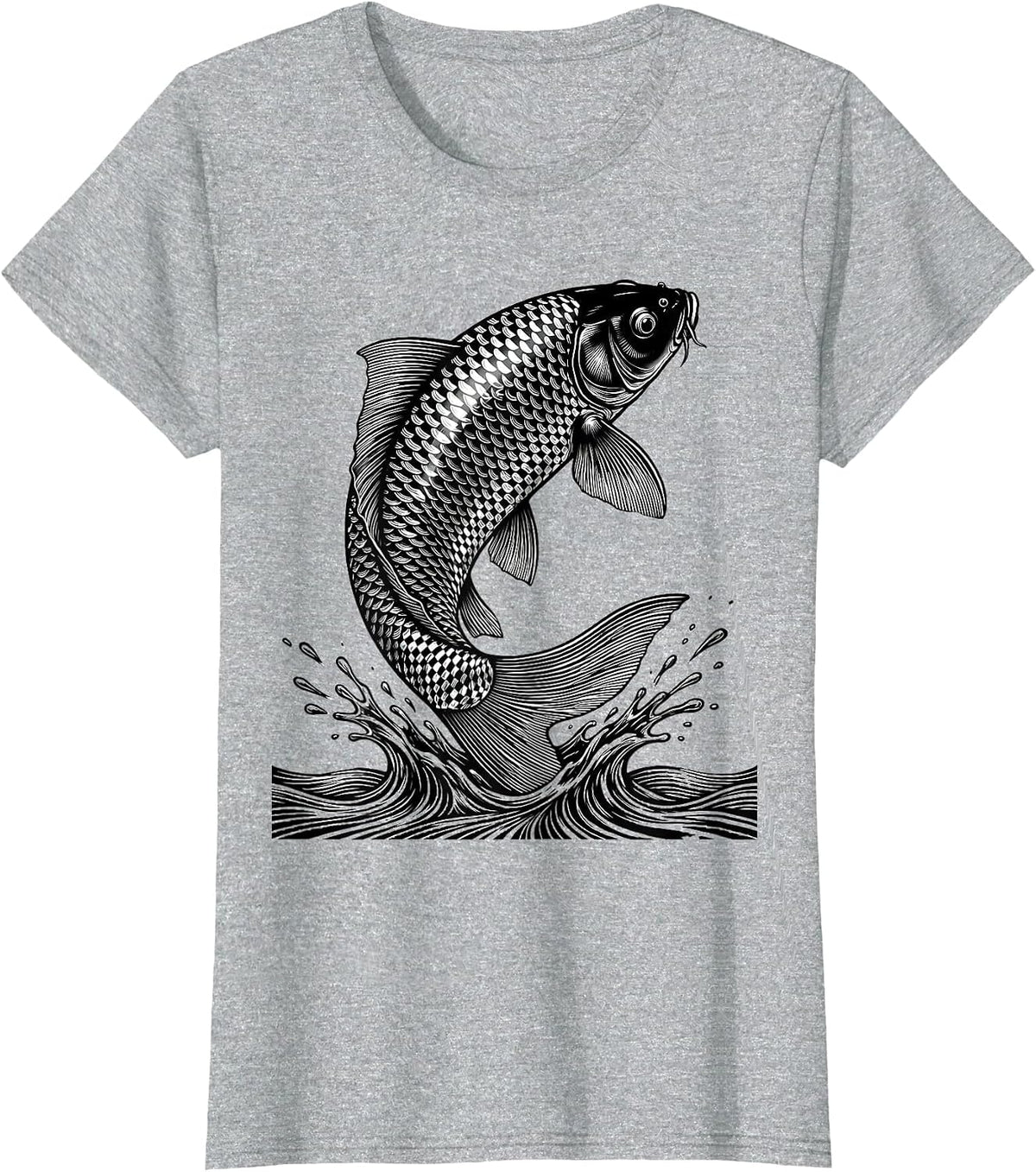Black and White Checkered Koi Fish Leap T-Shirt - Heather Grey