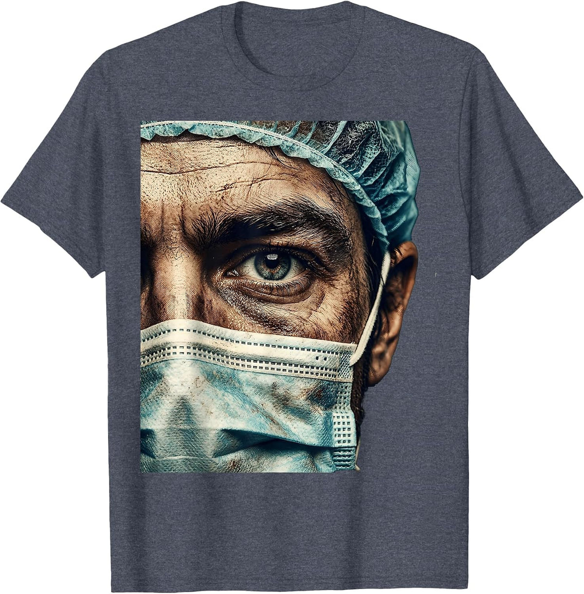 ER Nurse Close-Up Eye Surgical Mask Scrub Cap T-Shirt - Heather Blue