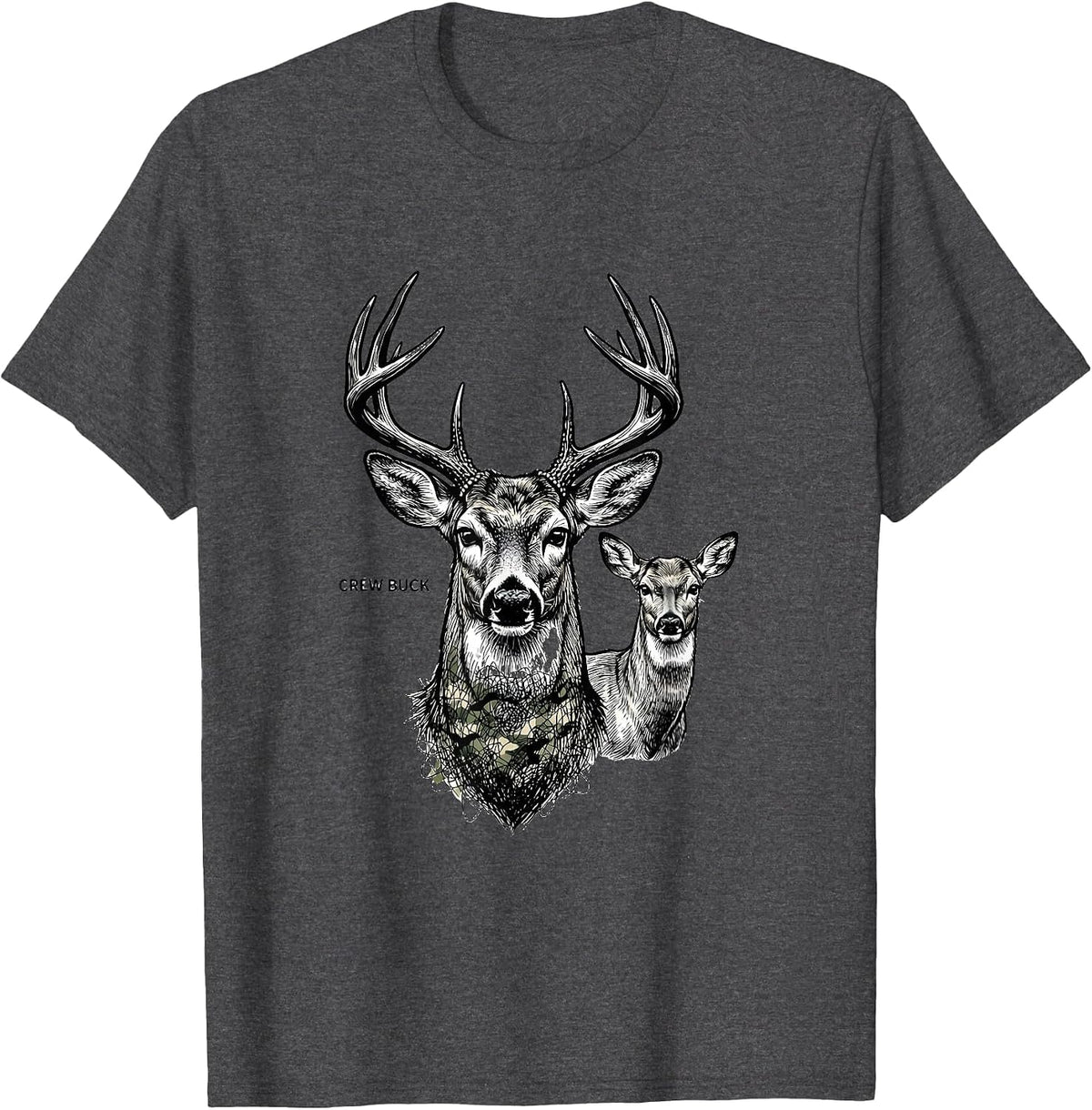 Crew Buck Line Art Camo Deer Hunting Youth Humor T-Shirt - Dark Heather Grey
