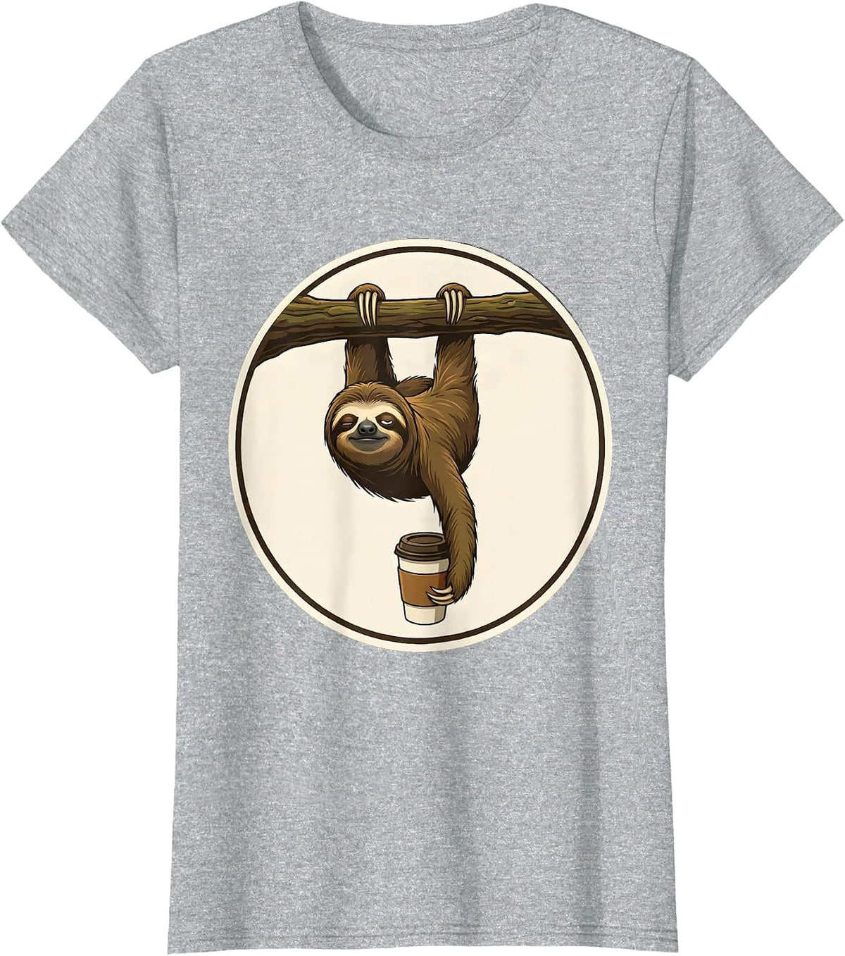 Funny Sloth Hanging From Branch With Coffee Cup T-Shirt - Heather Grey