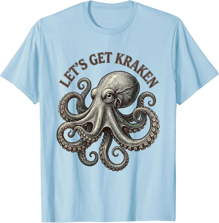 Men's Let's Get Kraken Crosshatch Octopus Etching Marine Biology T-Shirt - Baby Blue