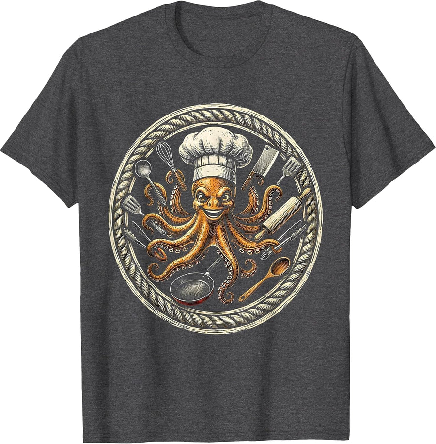 Men's Octopus Chef Juggling Kitchen Utensils T-Shirt - Dark Heather Grey