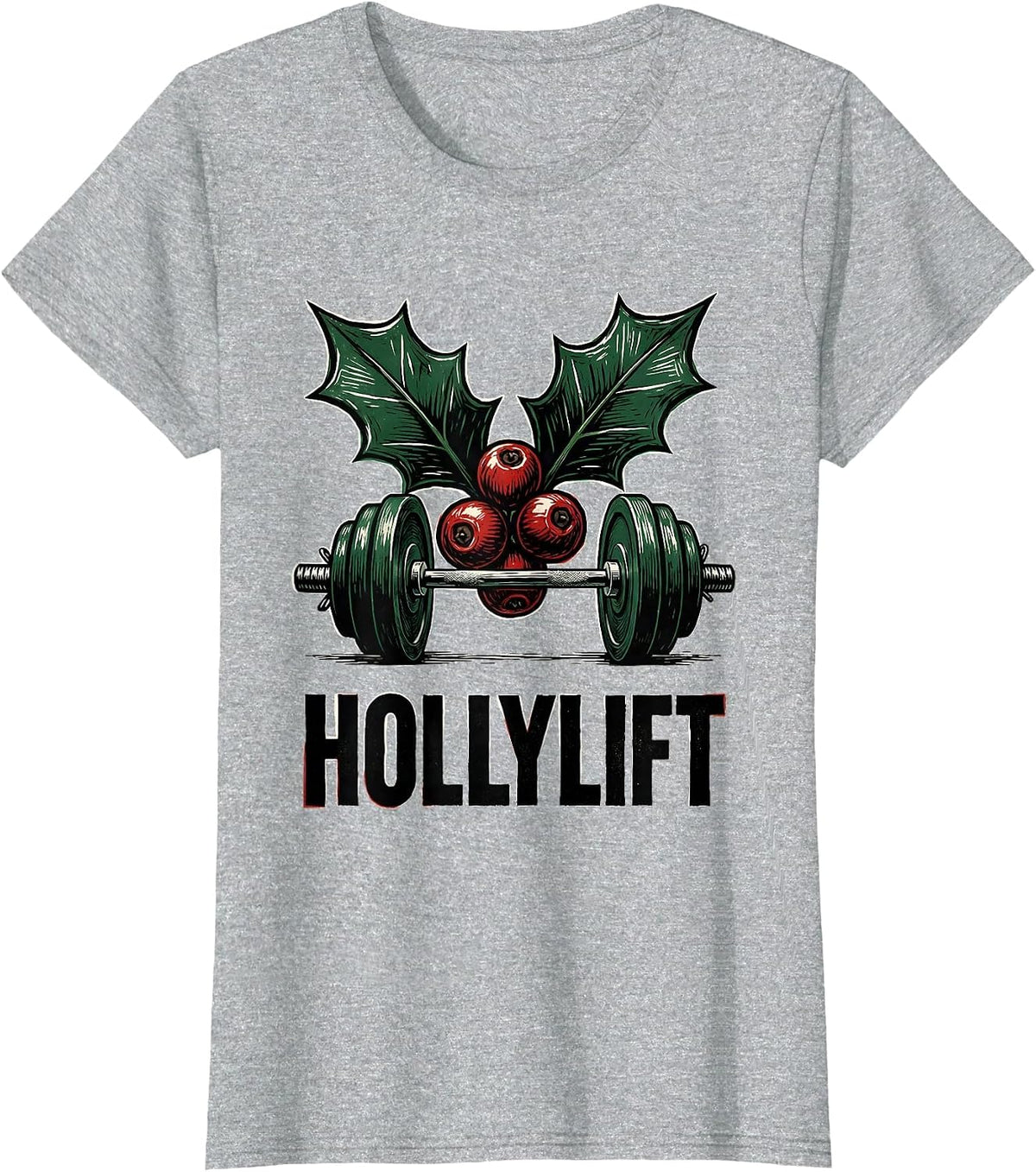 Women's Hollylift Funny Christmas Gym Workout Weightlifting Humor T-Shirt - Heather Grey
