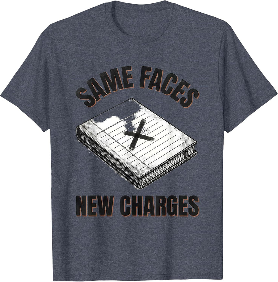 Same Faces, New Charges Funny Police Officer Gift Law T-Shirt - Heather Blue