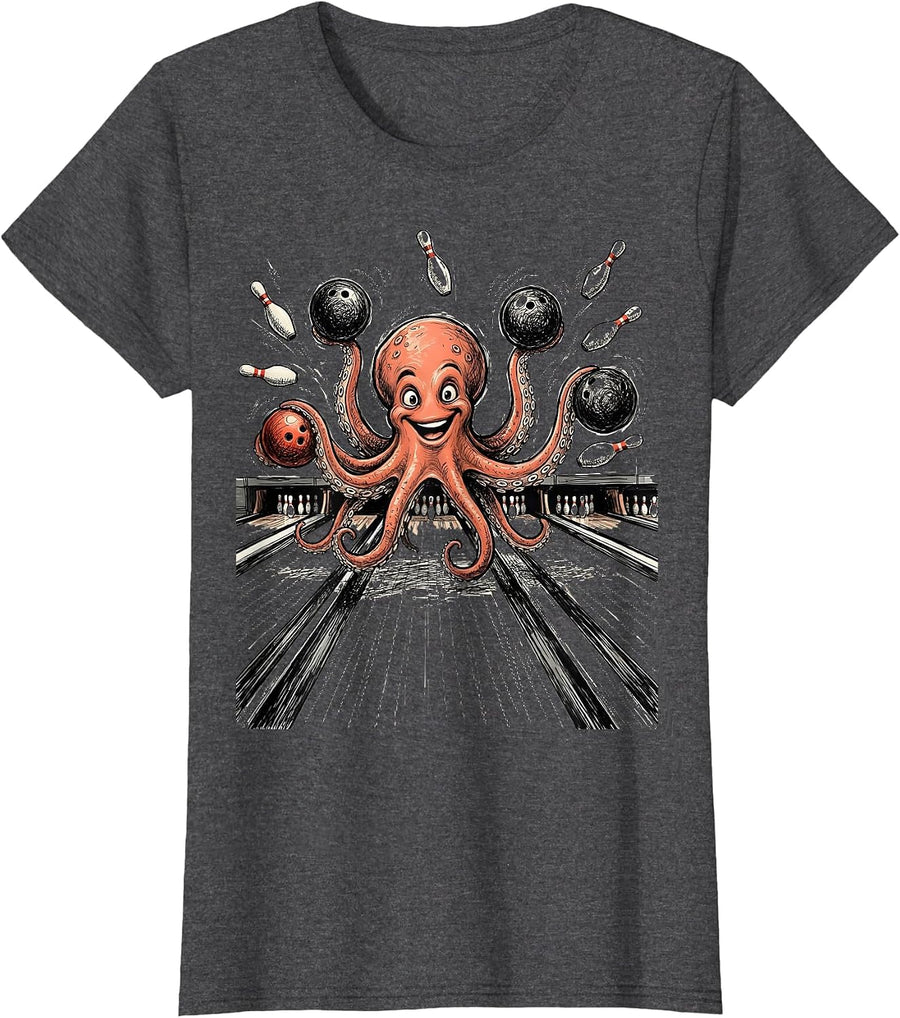 Women's Funny Octopus Bowler Using All Eight Lanes T-Shirt - Dark Heather Grey
