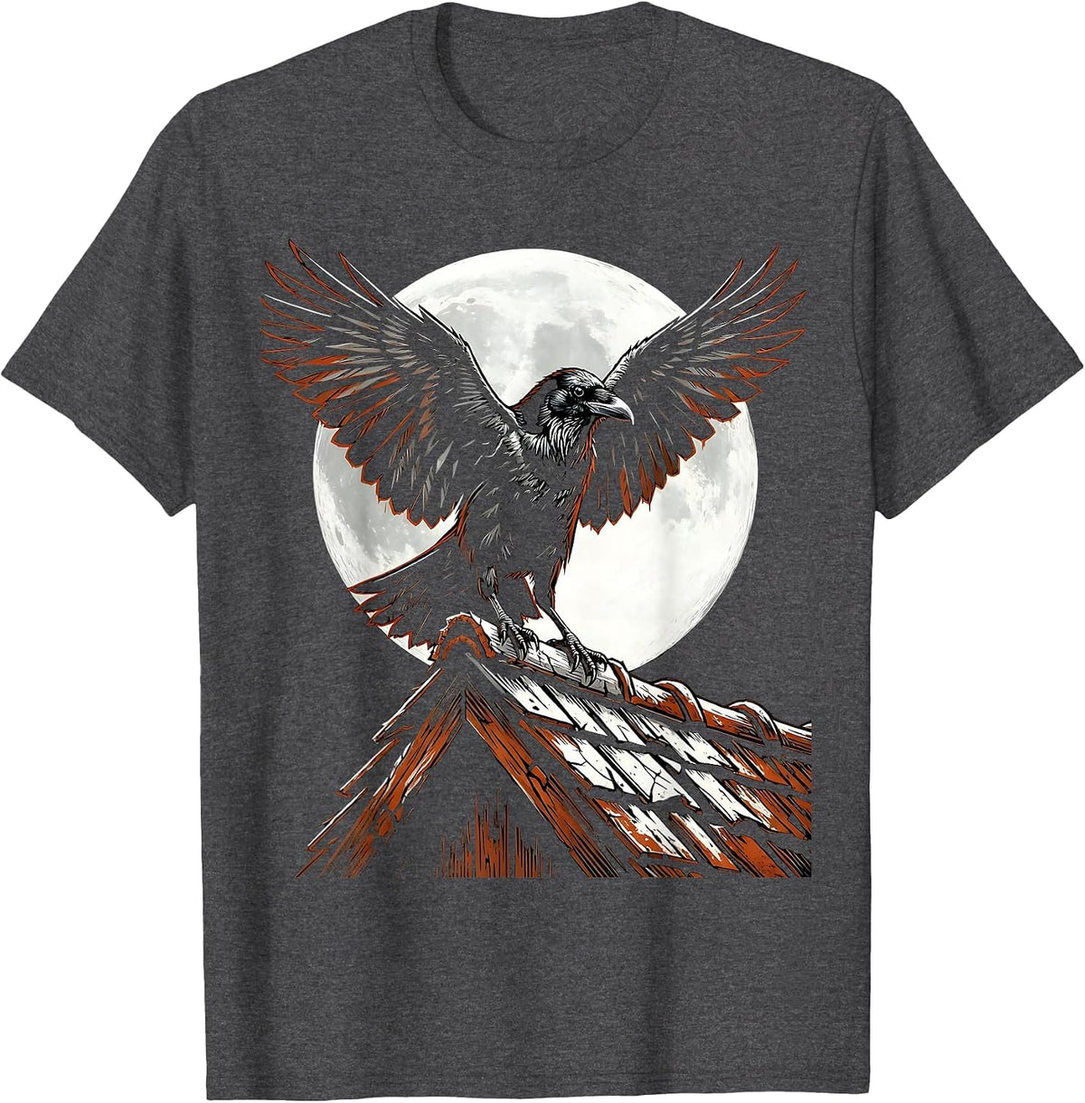 Men's Crow With Spread Wings Over Rooftop Graphic T-Shirt - Dark Heather Grey